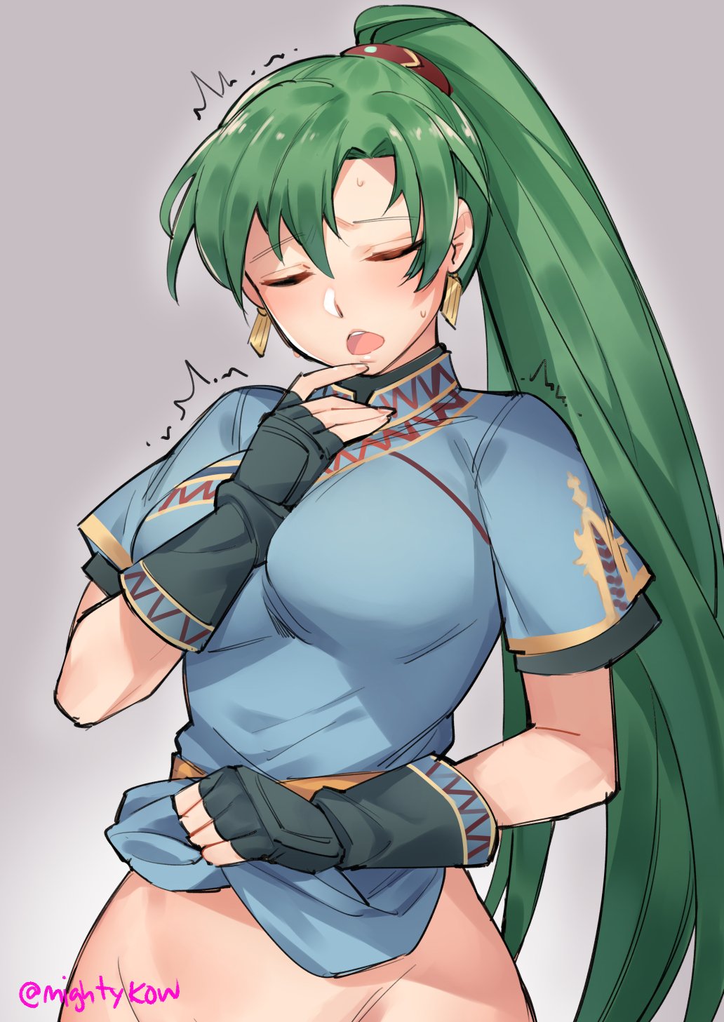 bangs blush bottomless closed_eyes covering dress earrings female fingering fingerless_gloves fire_emblem fire_emblem:_the_blazing_blade gebyy-terar gloves green_hair high_ponytail highres implied_fingering implied_yuri jewelry large_breasts lifting long_hair lyn_(fire_emblem) nintendo open_mouth out-of-frame_censoring pelvic_curtain ponytail skirt skirt_lift solo very_long_hair