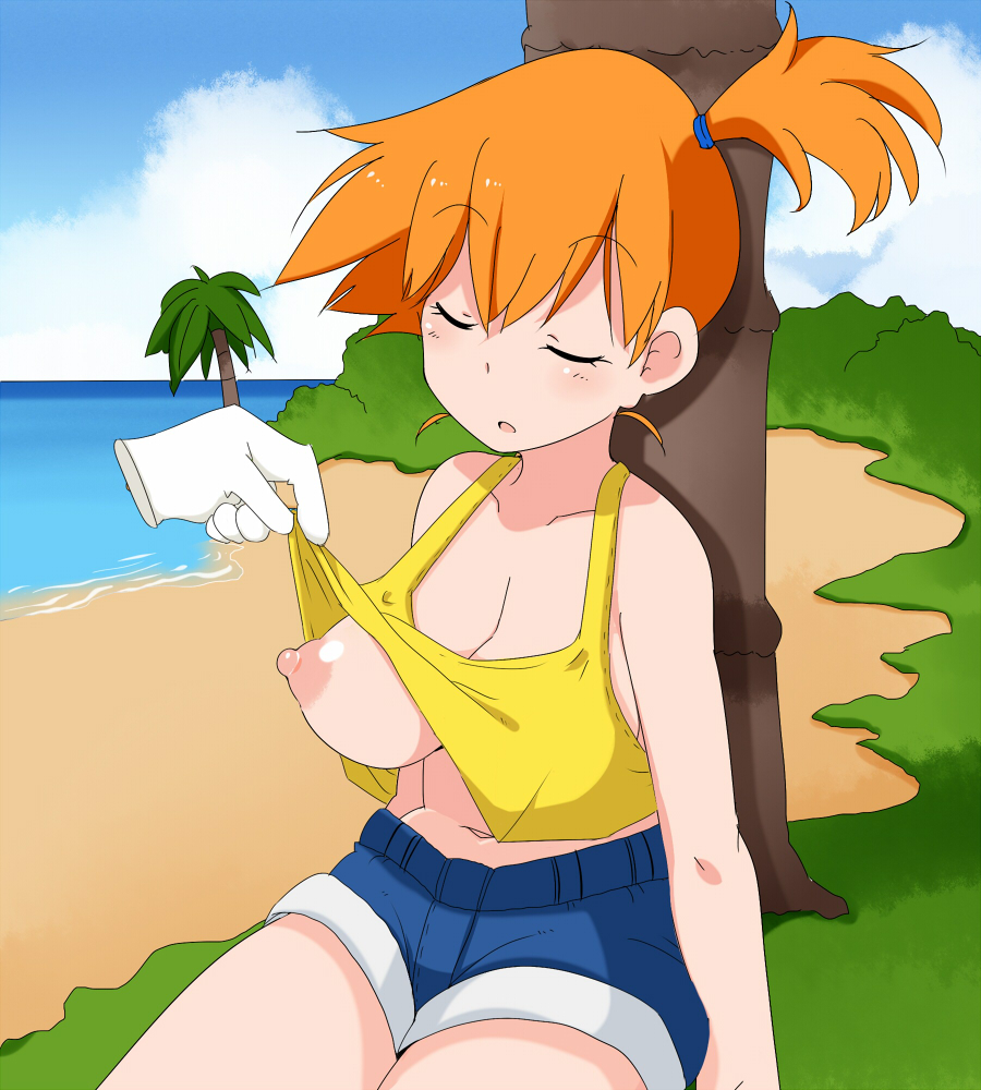 1girls aaa_(nisetsuru) alternate_breast_size areolae beach blush breasts cloud day erect_nipples eyes_closed female human large_breasts misty_(pokemon) nintendo nipples no_bra one_breast_out open_mouth orange_hair outdoors pokemon pokemon_rgby puffy_nipple puffy_nipples shirt_lift short_ponytail shorts sky solo tank_top