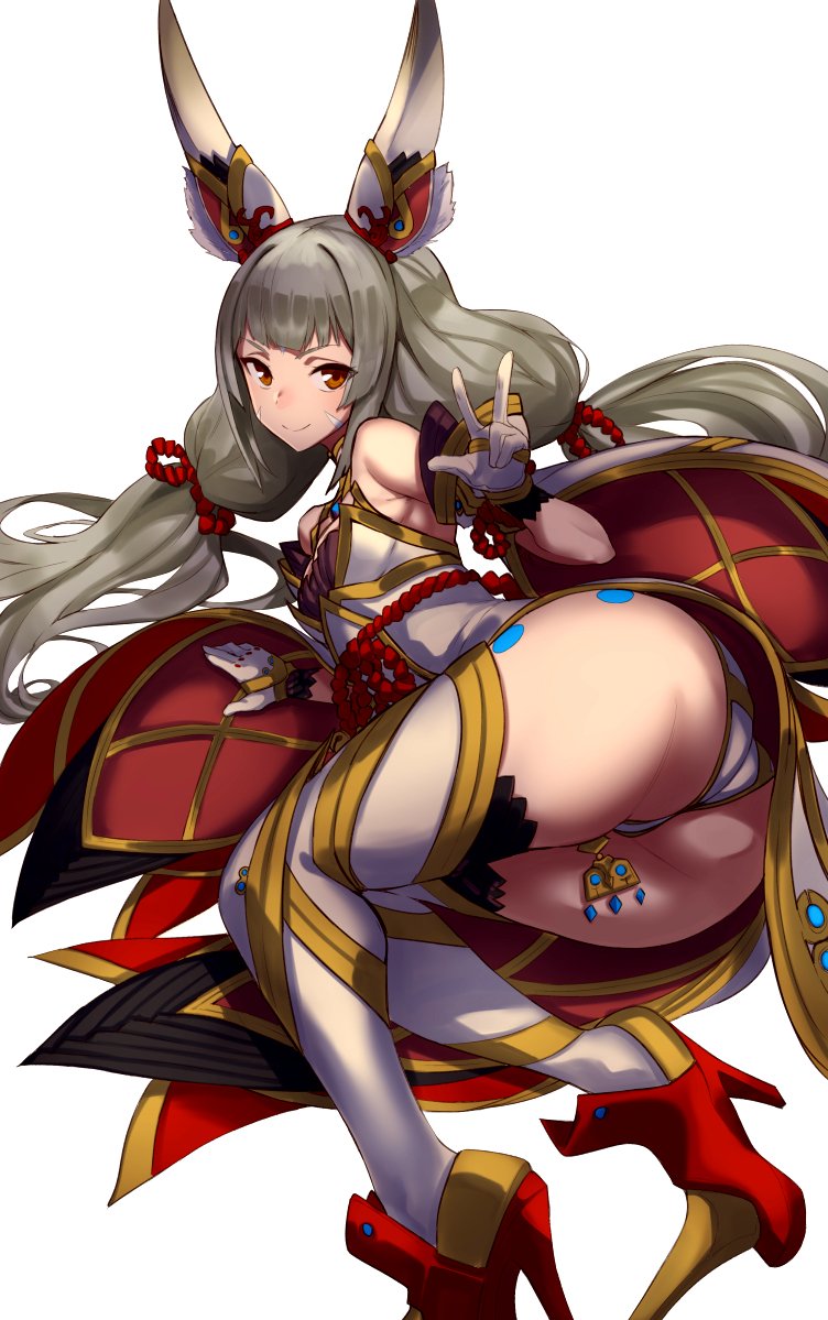 1girls, animal ears, ass, bad id, bad twitter id, boots, breasts, clothed, clothing, female, female only, high heels, humanoid, kemonomimi, leotard, long hair, looking at viewer, lying, medium breasts, nia, nia (blade), nia (xenoblade), nintendo, nuezou, on side, pale skin, partially clothed, red eyes, silver hair, simple background, smile, solo, spoilers, thighhighs, thighs, twintails, white background, white legwear, xenoblade (series), xenoblade chronicles 2