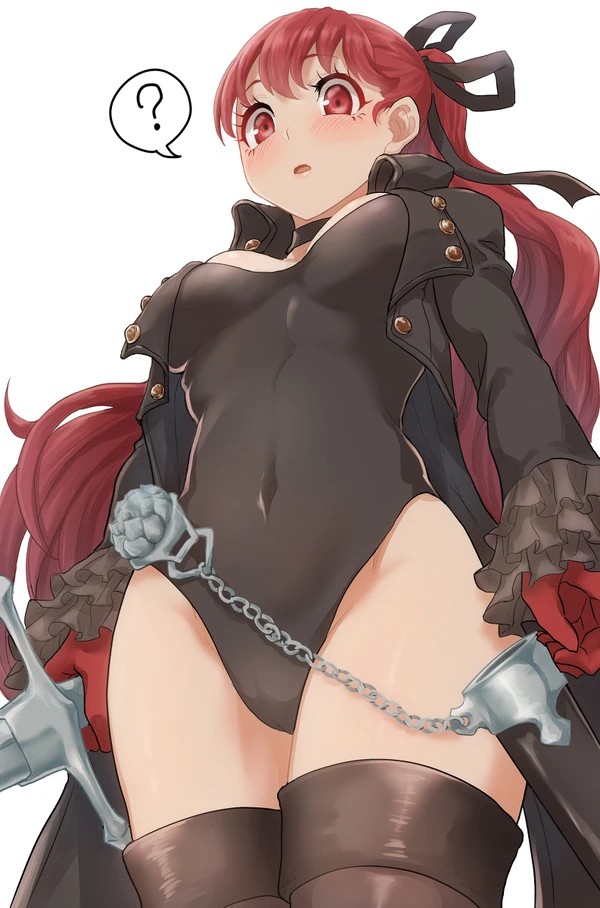 1girls, atlus, black ribbon, blush, female, female only, jacket, kasumi yoshizawa, kurosususu, leotard, looking at viewer, low-angle view, persona, persona 5, persona 5 royal, phantom thief suit, ponytail, red eyes, red hair, sega, simple background, source request, sumire yoshizawa, sword, tagme, thigh boots, white background