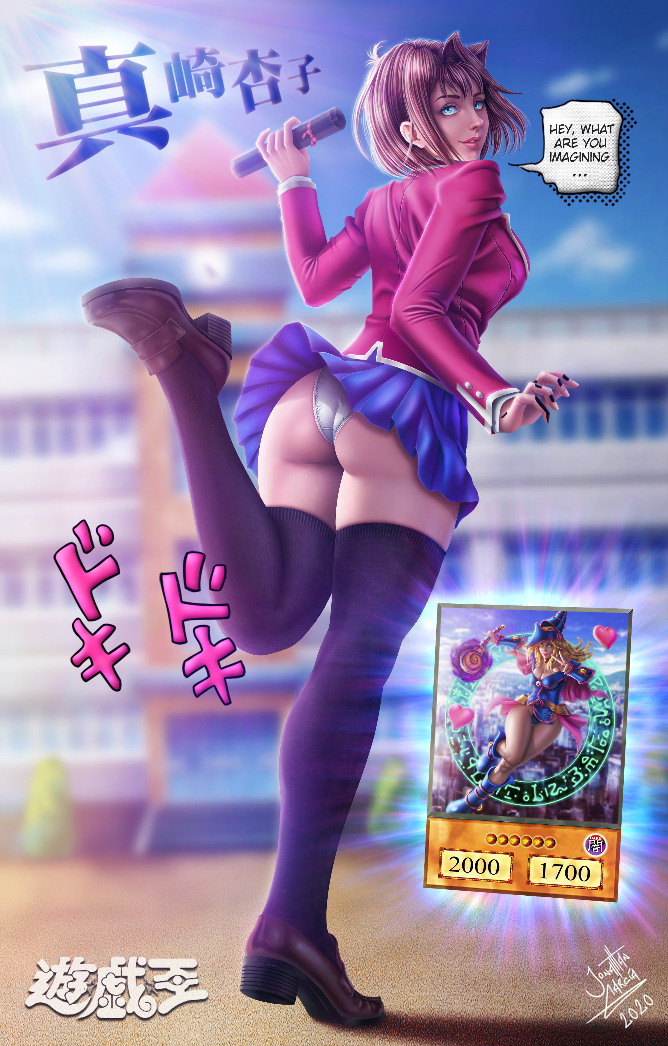2020, 2girls, anzu mazaki, ass, blue eyes, brown hair, card, dark magician girl, duel monster, english text, female, female human, female only, human, legs, loafers, looking back, mazaki anzu, panties, school uniform, schoolgirl, skirt, speech bubble, stockings, tea gardner, upskirt, white panties, yu-gi-oh!, zettai ryouiki