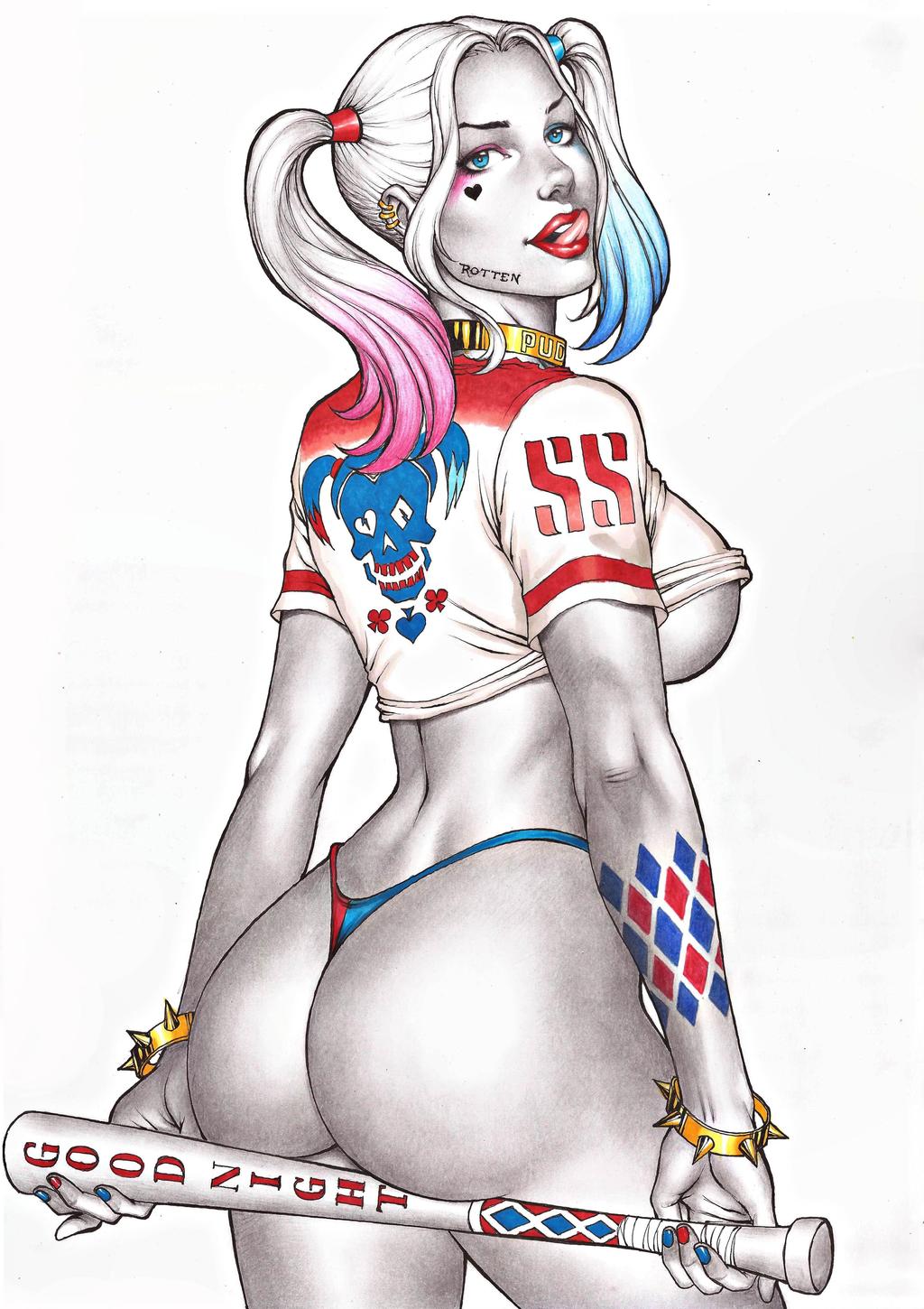 1girls, ass, back view, baseball bat, batman (series), big ass, big breasts, blue eyes, breasts, bubble ass, bubble butt, busty, carlos braga, curvaceous, curvy, curvy figure, dc, dc comics, deviantart, deviantart link, dyed hair, earrings, eyebrows, eyelashes, eyes, eyeshadow, female, female only, harley quinn, hips, large breasts, licking own lips, light skin, light-skinned female, lips, lipstick, looking at viewer, looking back, no bra, no bra under clothes, pigtails, red lipstick, shirt, solo, suicide squad, tattoo, thick, thick thighs, thighs, thong, tongue, tongue out, top heavy, twintails, underboob, underwear, villain, villainess, voluptuous, white background, wide hips