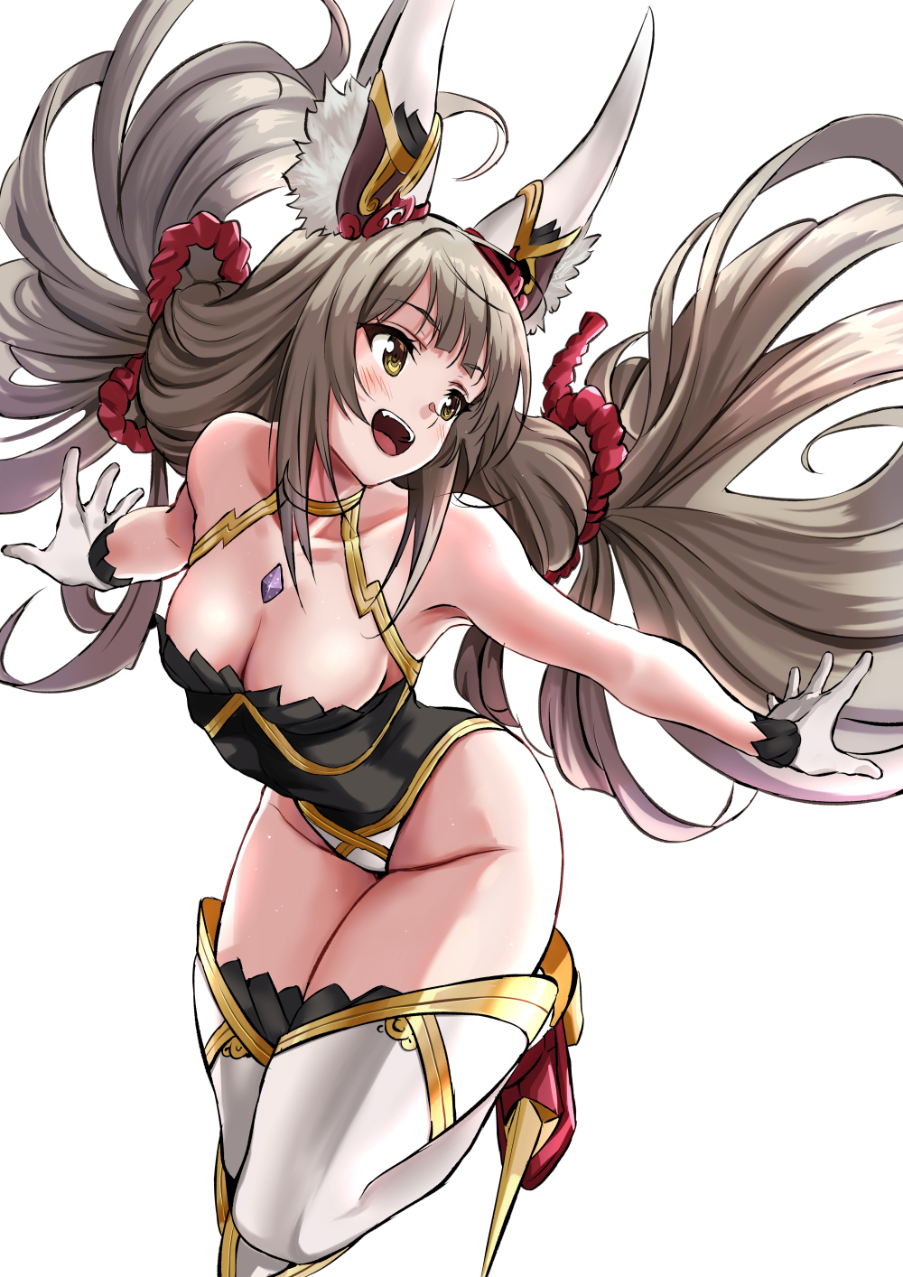 1girls, animal ears, bare shoulders, blush, breasts, brown eyes, chest jewel, cleavage, clothed, clothing, collarbone, eyebrows visible through hair, facial mark, female, female only, gloves, highleg, highleg leotard, highres, humanoid, kemonomimi, large breasts, leaning forward, leotard, long hair, low twintails, nia, nia (blade), nia (xenoblade), nintendo, open mouth, outstretched arms, pale skin, partially clothed, smile, solo, spoilers, spread arms, thighhighs, twintails, very long hair, white gloves, white legwear, xenoblade (series), xenoblade chronicles 2, yuuuun0218
