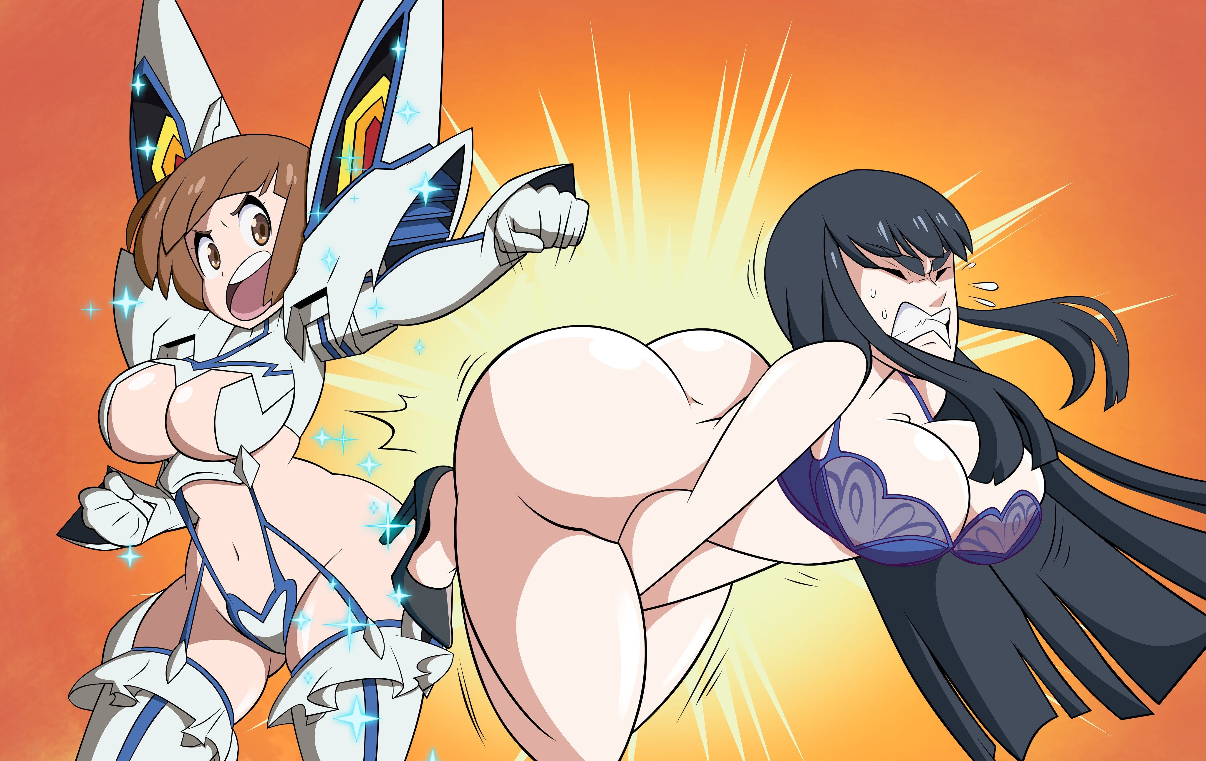 2girls, adult swim, ass, ass crack, bottomless, bra, butt crack, edit, female, grimphantom, heels, junketsu, kill la kill, kiryuuin satsuki, lingerie, mankanshoku mako, multiple females, multiple girls, studio trigger, toonami, underwear
