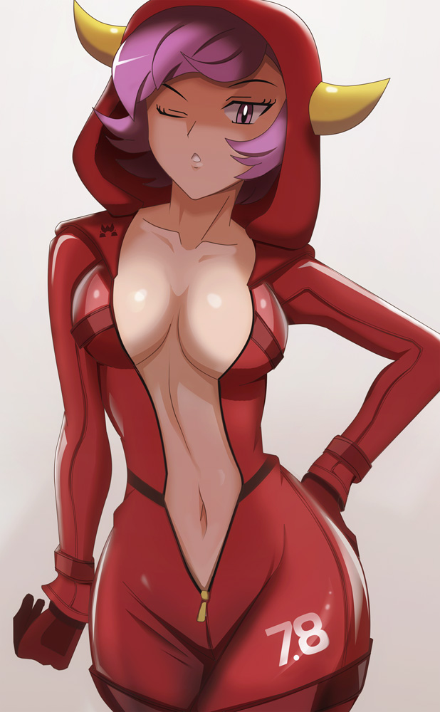 1girls, big breasts, bodysuit, breasts, busty, child bearing hips, clothed, clothed female, courtney (pokemon oras), courtney (pokemon), curvy, female, hand on hip, hips, human, large breasts, latex, latex suit, looking at viewer, navel, nintendo, one eye closed, open clothes, pokemon, pokemon oras, pokemon rse, pose, purple eyes, purple hair, solo, solo female, tagme, team magma, unzipped, unzipped bodysuit, vivivoovoo