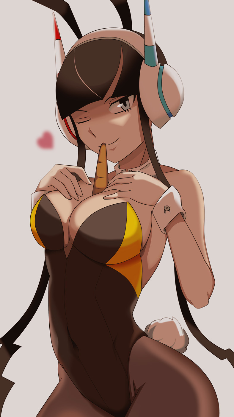 1girls, black hair, bunny ears, bunny girl, bunny tail, bunnysuit, carrot, elesa (pokemon bw2), elesa (pokemon), female, heart, human, nintendo, pantyhose, pokemon, pokemon bw, pokemon bw2, solo, suggestive gesture, teasing, vivivoovoo