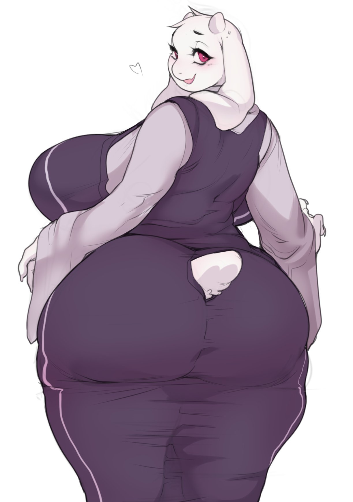 1girls, anthro, ass, ass in dress, big ass, blush, breasts, cherrikissu, eye contact, female, horns, huge ass, huge breasts, humanoid, large ass, large breasts, looking at viewer, looking back, red eyes, tail, toriel, undertale, voluptuous, white background, white fur, wide hips