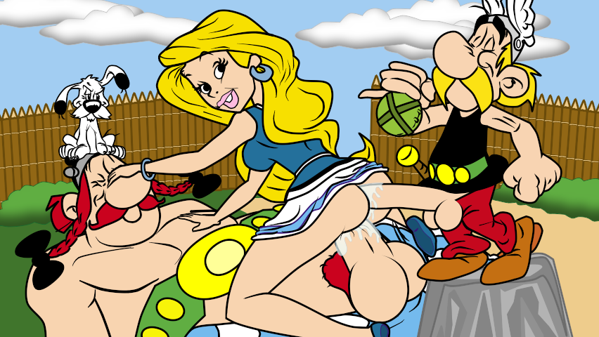 1girls anal anal_sex ass asterix asterix_and_obelix asterix_the_gaul blonde_hair bottomless clothing commission commission_art cum cum_inside dogmatix double_penetration female huge_cock male mmf_threesome obelix overweight_male panacea short_male size_difference straight superblast threesome toony vaginal_penetration