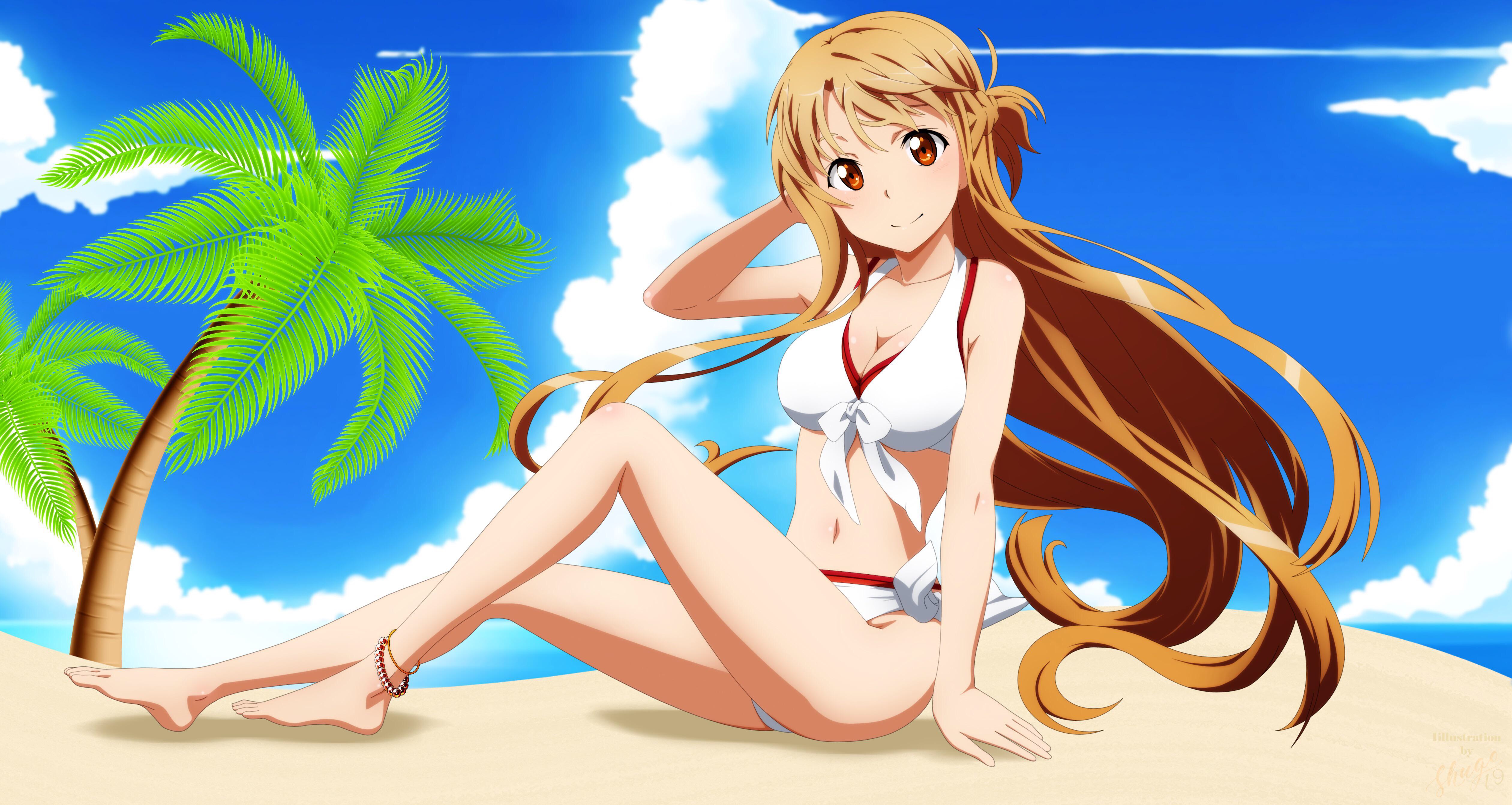 bikini, female, long hair, red hair, smiling, smiling at viewer, sword art online, yuuki asuna