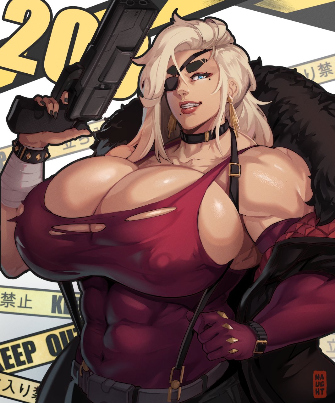 1girls abs big_breasts big_nipples blonde_hair blue_eyes breasts_bigger_than_head choker clothed donaught earrings eye_patch eyepatch eyewear female_only fit_female holding holding_object huge_breasts large_breasts looking_at_viewer massive_breasts miffu muscles muscular_female neckwear nipples_visible_through_clothing ripped_clothing smiling solo_female tagme venus_body weapon wrappings