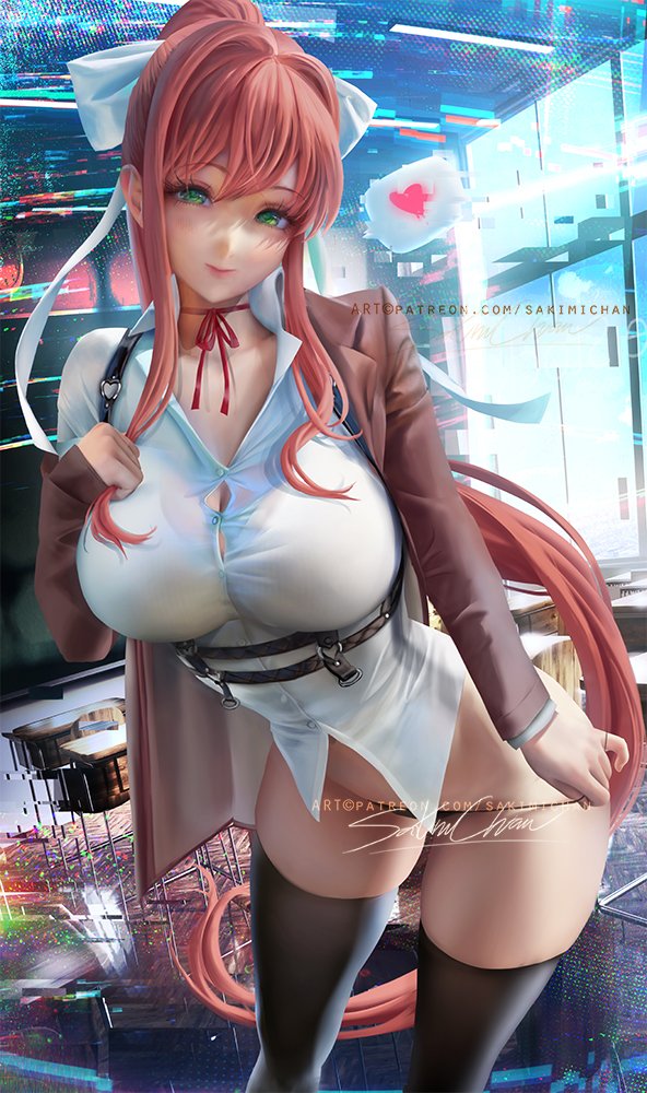 1girls, big breasts, black panties, black thighhighs, black thong, blush, blushing, breasts, brown hair, classroom, cleavage, doki doki literature club, female, female only, green eyes, heart, hourglass figure, huge breasts, large breasts, looking at viewer, monika (doki doki literature club), panties, panties pull, ponytail, realistic, ribbon, sakimichan, smile, smiling, smiling at viewer, solo, thick, thick thighs, thighhighs, thighs, thong, undressing, white ribbon, wide hips