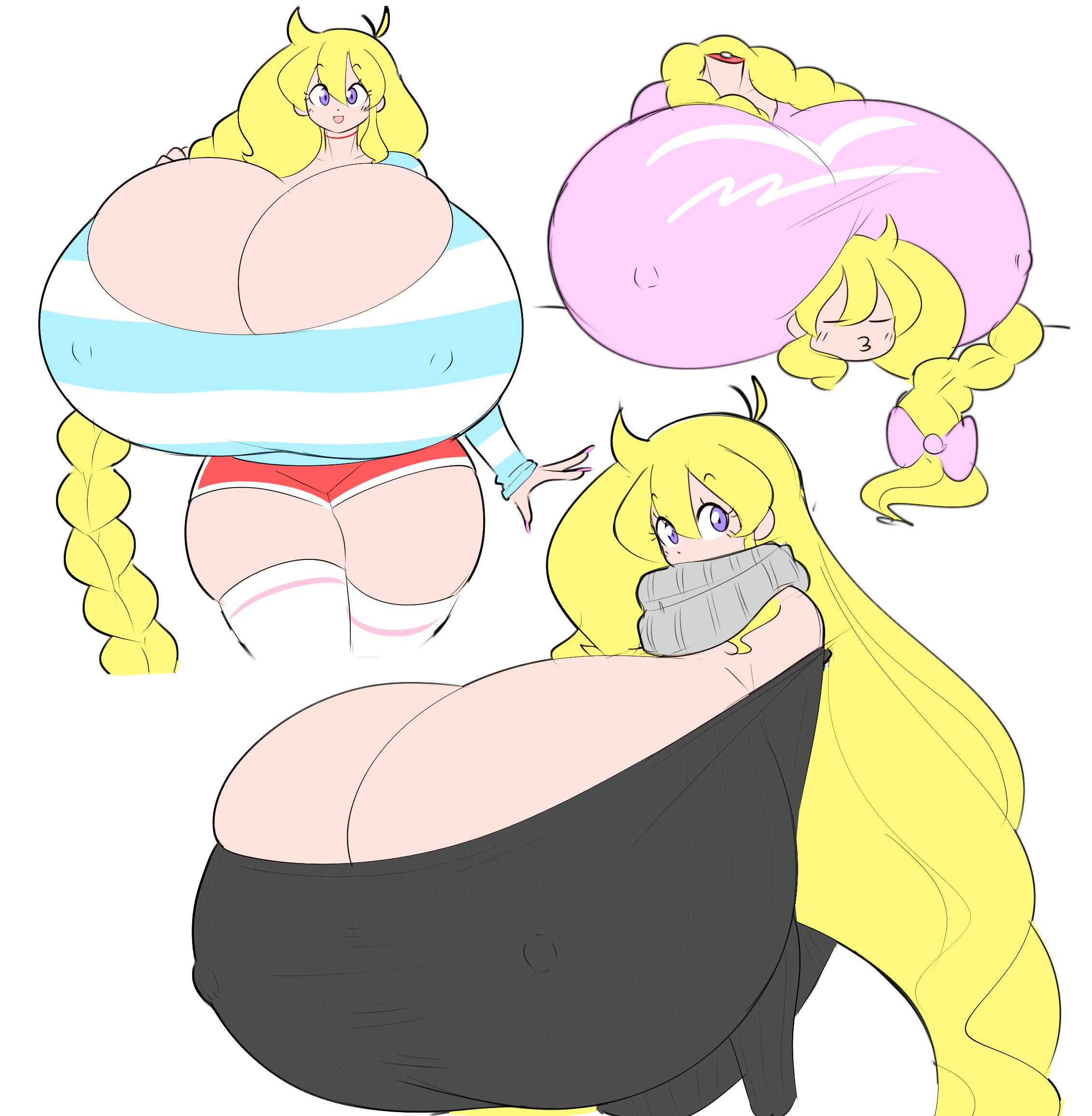 1girls, blonde hair, braided hair, breasts, busty, cassie (theycallhimcake), cleavage, dullahan, enormous breasts, female, giant breasts, hyper, hyper breasts, long hair, nipple bulge, short shorts, smile, theycallhimcake, thick thighs