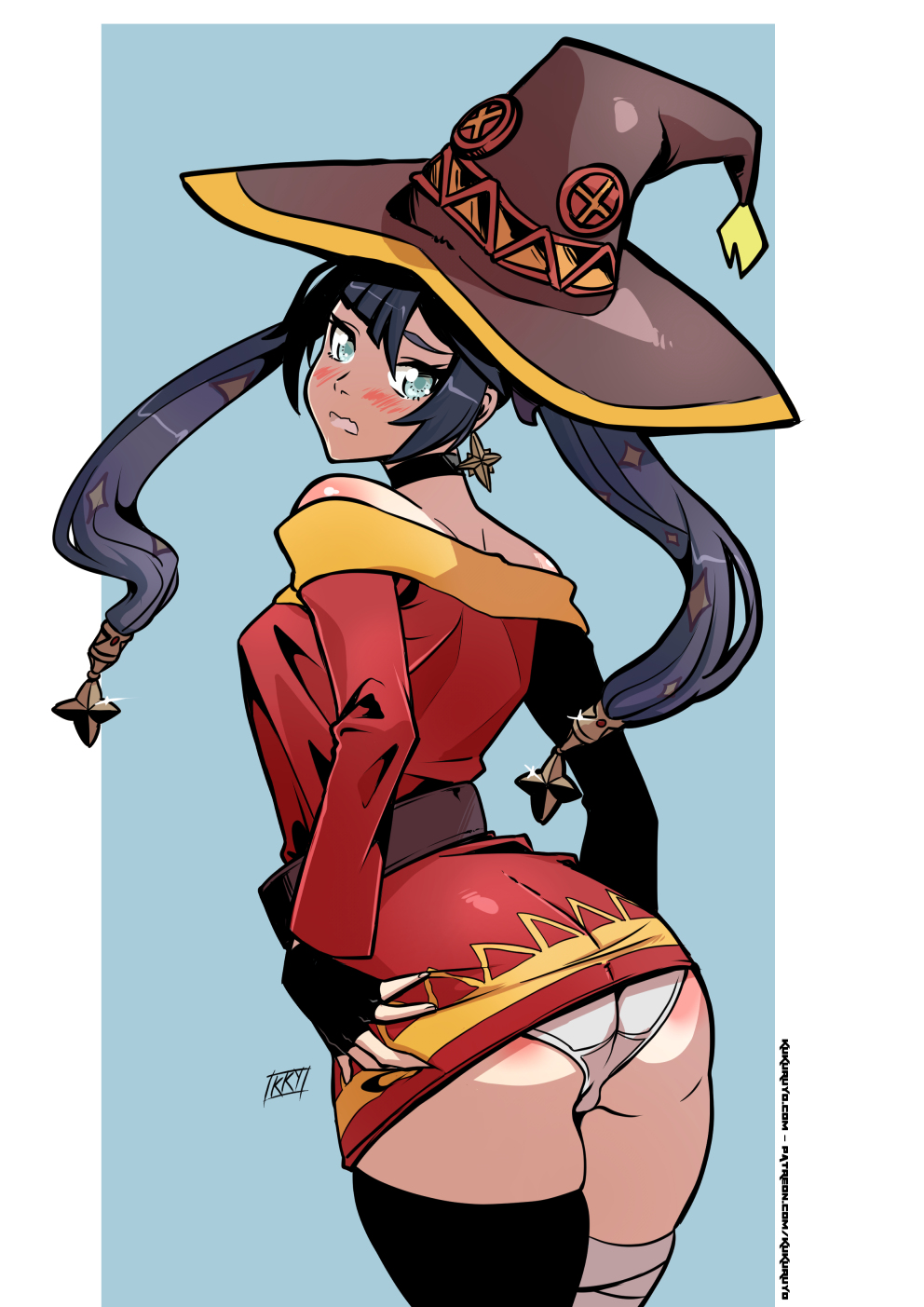 ass blush cosplay dress female genshin_impact huge_ass kono_subarashii_sekai_ni_shukufuku_wo! looking_back megumin_(cosplay) mona_(genshin_impact) panties thick_thighs thighhighs underwear white_panties witch_hat