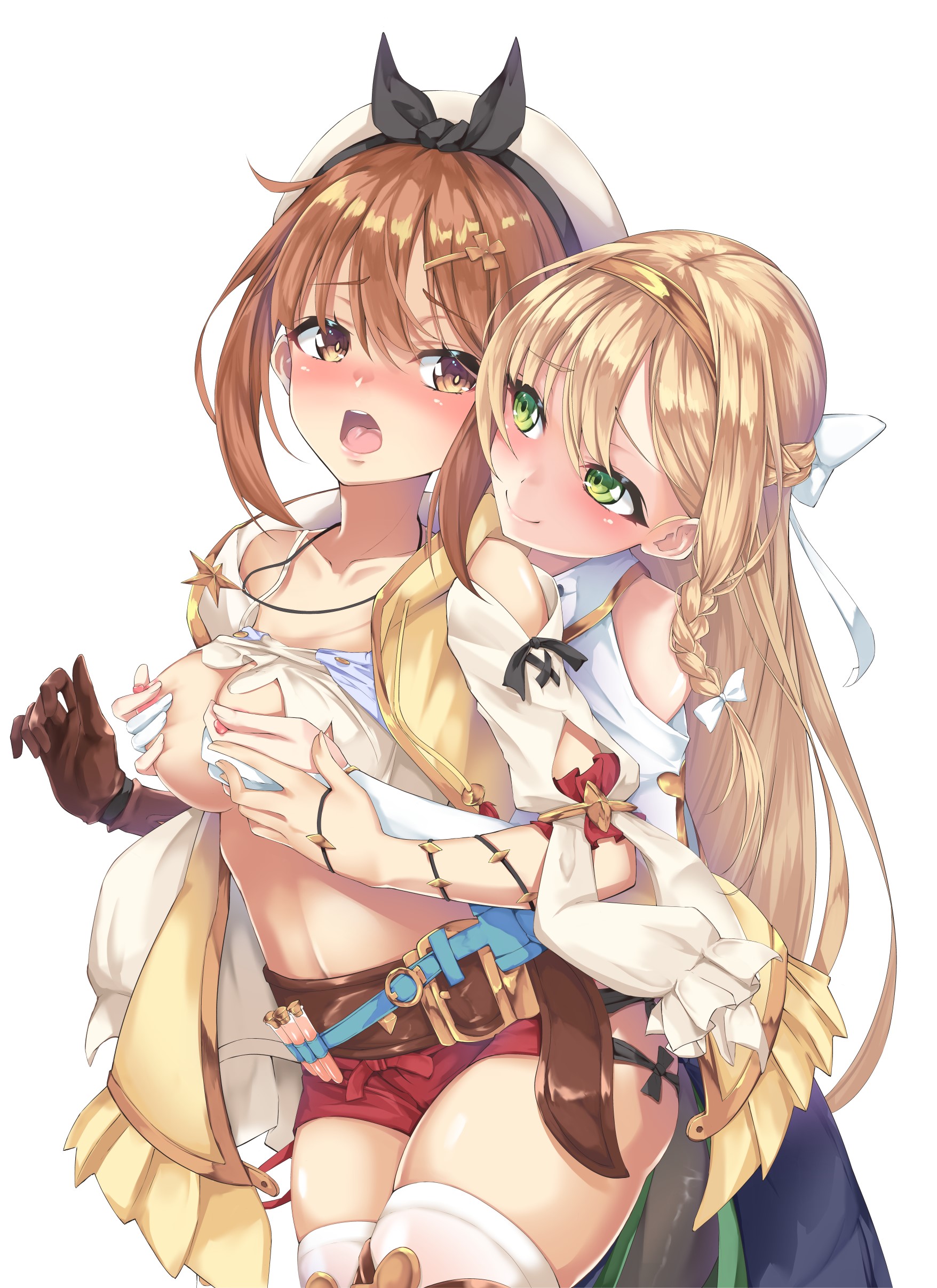 2girls, ass, atelier (series), atelier ryza, big ass, big breasts, blonde hair, breasts, brown hair, cute, female, female only, grabbing breasts, grabbing from behind, green eyes, hazel eyes, klaudia valentz, multiple females, multiple girls, reisalin stout, thick thighs, thighhighs, yuri