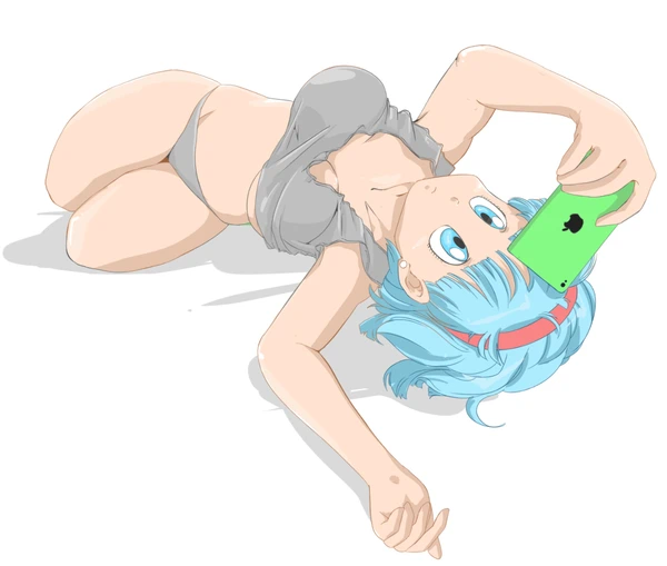 1girls bikini blue_eyes blue_hair bulma_briefs bulma_briefs_(frieza_saga) caisama dragon_ball dragon_ball_z female female_only headband laying_down laying_on_side phone solo solo_female tank_top tank_top_lift