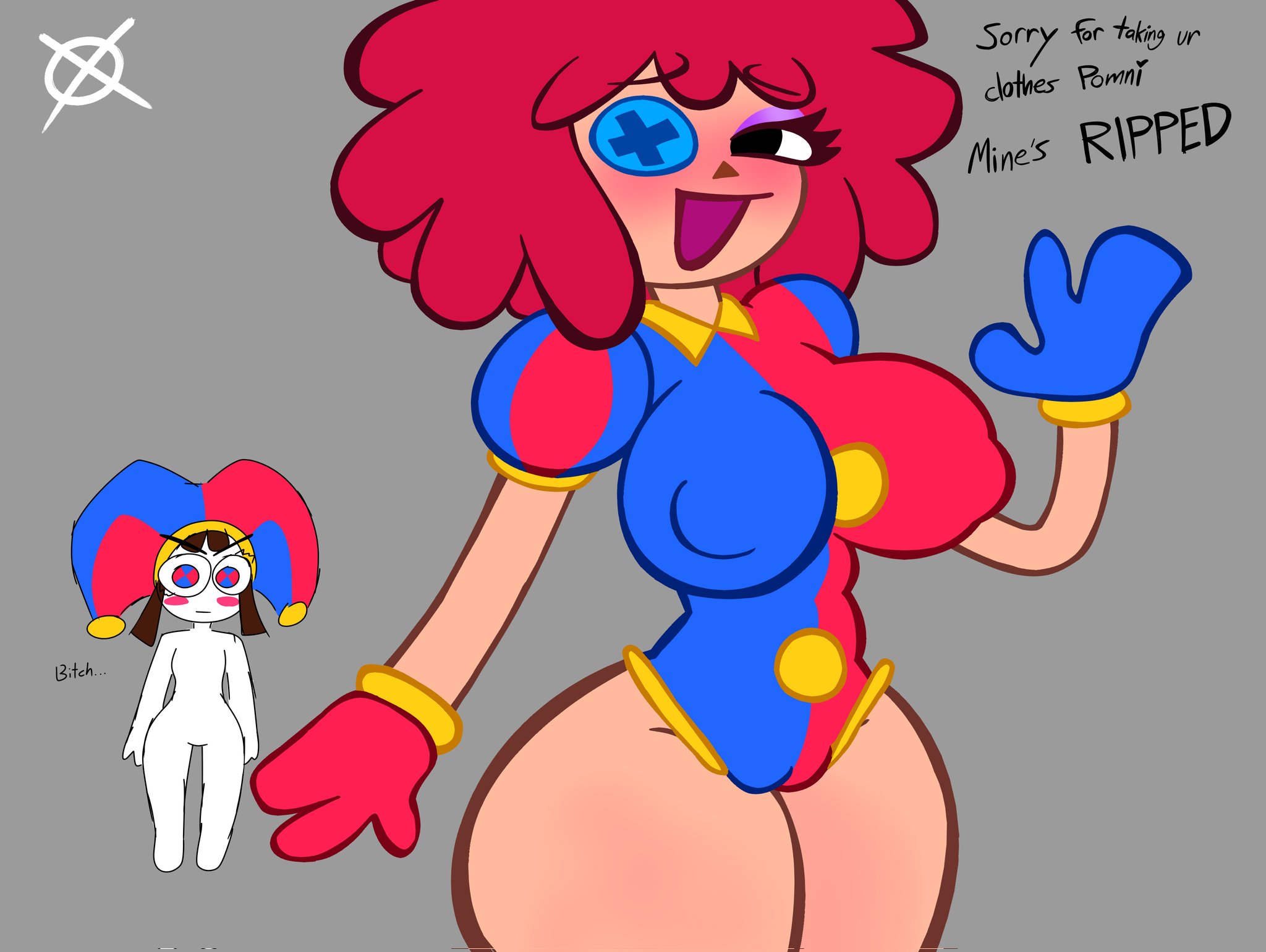 2026, 2girls, angry expression, blush, brown hair, brown-haired female, button eye, clothes swap, cocky smile, completely nude female, dialogue, doll girl, featureless breasts, featureless crotch, glitch productions, gooseworx, jester hat, jester outfit, nipples visible through clothing, notgirl, pomni, pomni (tadc), pomni (the amazing digital circus), ragatha, ragatha (tadc), ragatha (the amazing digital circus), ragdoll, red hair, red-haired female, tagme, the amazing digital circus, tight clothing