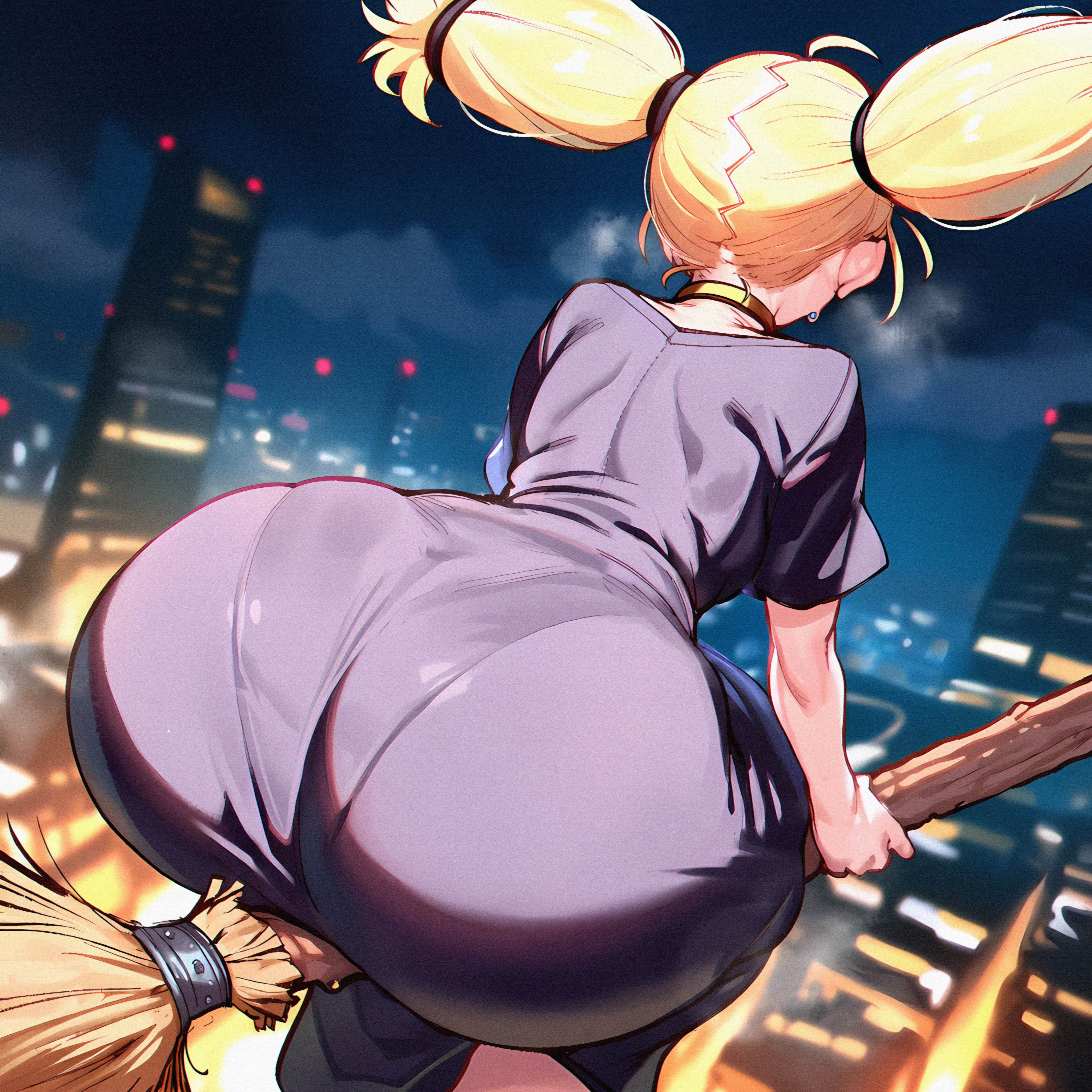 1girl, 1girls, 2026, ai, ai art, ai generated, ass, ass bigger than head, ass focus, back, back view, beautiful, beautiful body, beauty, big ass, big butt, big thighs, blonde, blonde female, blonde hair, blonde hair female, blonde-haired female, blurry background, bottomless, breath, breath cloud, breathing, breathing heavily, broom, bubble ass, bubble butt, butt, butt focus, buttocks, choker, clothed, clothed female, collar, curvaceous, curvaceous body, curvaceous female, curvaceous figure, curves, curvy, curvy body, curvy female, curvy figure, curvy hips, detailed background, down angle, down view, dress, enormous ass, enormous butt, fat ass, fat butt, female, female focus, female only, flying, flying broom, fully clothed, genlation, gigantic ass, gigantic butt, heavy breathing, hips, hips wider than shoulders, hot, hourglass figure, huge thighs, hyper ass, hyper butt, jujutsu kaisen, light skin, light-skinned female, momo nishimiya, necklace, night, night sky, nishimiya momo, no visible eyes, one piece dress, panties mark, pear-shaped figure, petite, petite body, petite breasts, petite female, petite tits, purple dress, sexy, sexy body, short hair, shortstack, sitting, sitting on broom, small breasts, solo, solo female, solo focus, steam, steaming, steaming body, steamy, steamy breath, sweat, sweatdrop, sweating, sweaty, sweaty body, thick, thick ass, thick hips, thick legs, thick thighs, thighs, tight clothes, tight clothing, tight dress, tight fit, twintails, uncensored, underwear, visible breath, wet, wide ass, wide hips, wide thighs, witch, witch broom