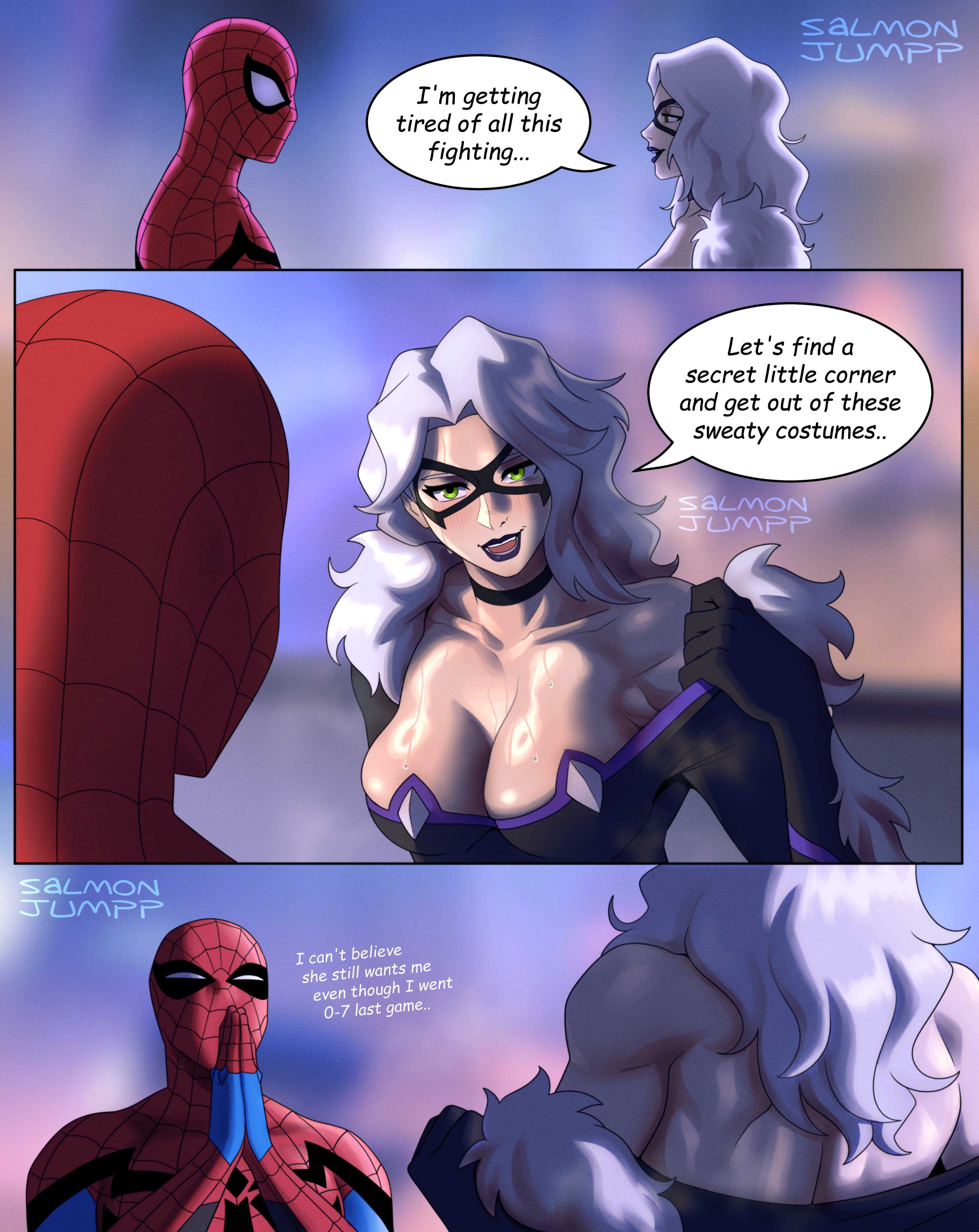 1boy, 1boy1girl, 1girl1boy, 1girls, 2026, 2d, alluring, athletic, athletic female, big breasts, black cat (marvel rivals), black cat (marvel), blush, blushing, blushing at partner, blushing female, bodysuit, breasts, bursting breasts, canon dialogue, choker, cleavage, collar, comic, comic panel, couple, couple (romantic), couple love, couples, curvaceous, curvaceous body, curvaceous female, curvaceous figure, curvaceous hips, curvy, curvy body, curvy female, curvy figure, curvy hips, dialogue, domino mask, enticing, eyemask, felicia hardy, female, green eyes, hips, huge breasts, large breasts, light skin, looking at partner, love, lovers, male, marvel, marvel comics, marvel rivals, mask, masked, masked female, massive breasts, netease games, peter parker, romantic, romantic couple, salmonjumpp, seducing, seductive, seductive look, shiny, shiny breasts, skin tight, spider-man, spider-man (marvel rivals), spider-man (series), superhero, superhero couple, superheroine, teasing, teasing partner, temptation, tempting, text, thick, thick breasts, thick hips, thick thighs, tight clothes, tight clothing, undressing, undressing self, unzipping, unzipping bodysuit, voluptuous, voluptuous female, white fur, white hair, wide hips