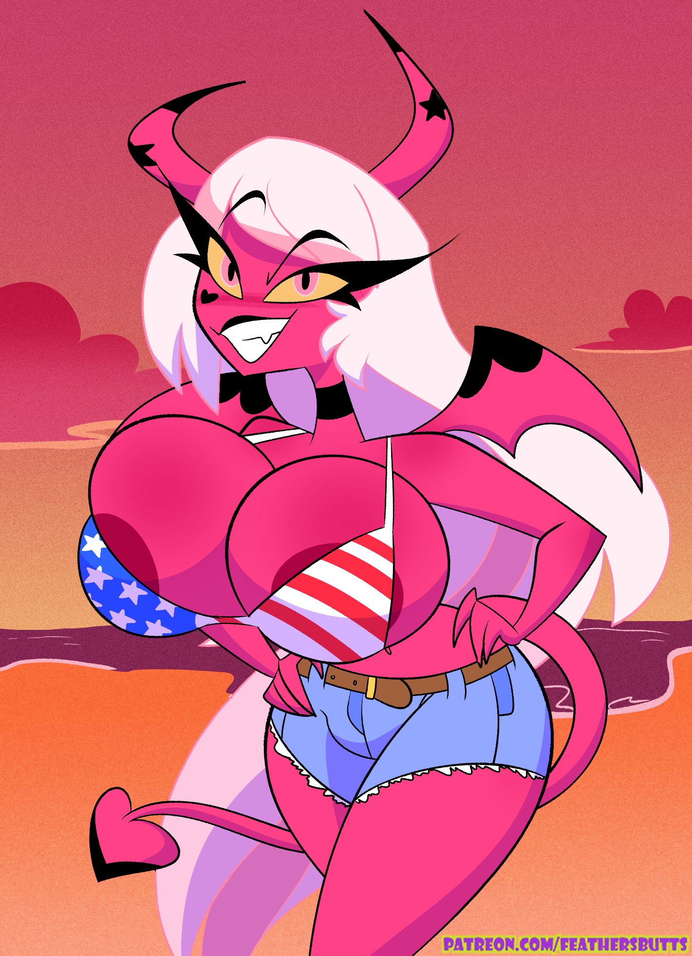 , 1girls, alternate version available, american flag bikini, american flag bikini top, areola slip, areolae, belt, big breasts, bikini top, bimbo, blue shorts, bottomwear, breasts, demon, demon girl, demon horns, demon tail, demon wings, feathers-ruffled, female, female only, hair, hands on hips, helluva boss, hips, horns, huge breasts, large breasts, long hair, pink areola, pink body, pink eyes, pink skin, shorts, smile, solo, solo female, tail, thighs, topwear, verosika mayday (helluva boss), white hair, wings, yellow sclera