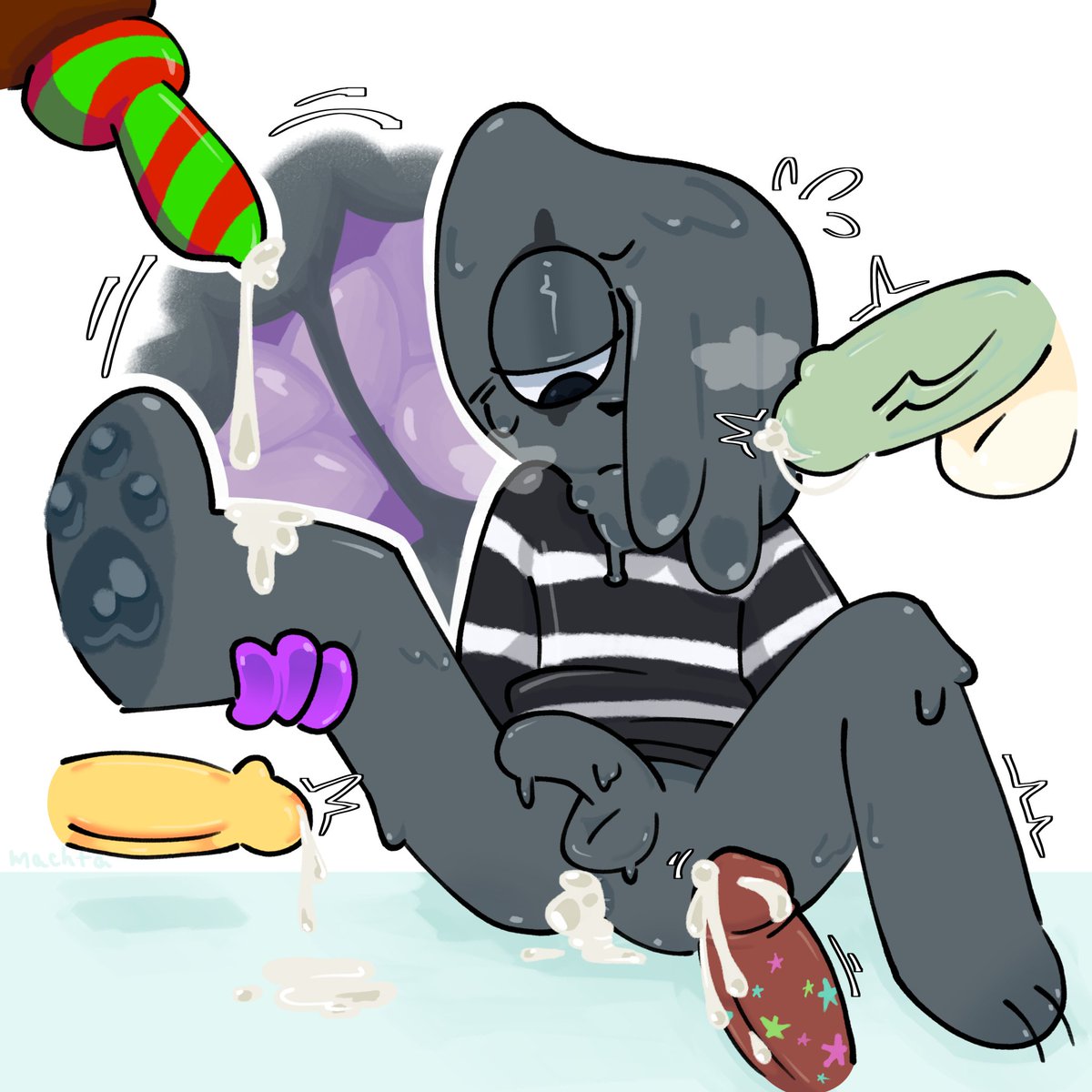 5boys, anthro, blot (dandy's world), blushcrunch studio, bottomless, breath cloud, brown penis, cosmo (dandy's world), cum, cum in ass, cumming, dandy (dandy's world), dandy's world, dark grey body, dripping, dripping cum, eggnant, fivesome, gangbang, gay, green penis, group sex, half-dressed, holding partner's leg, inside view, looey (dandy's world), machta, male, penis markings, rudie (dandy's world), sitting on floor, toon (dandy's world), tremble spikes, x-ray, yaoi, yellow penis
