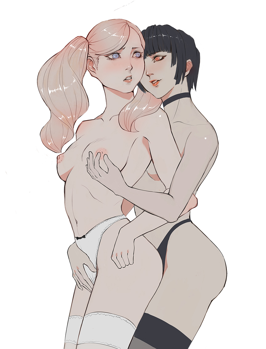 2girls, ann takamaki, axel almer (artist), breasts, female, lesbians, multiple females, multiple girls, nipple tweak, nipples, panties, persona, persona 5, tae takemi, topless, white background, yuri