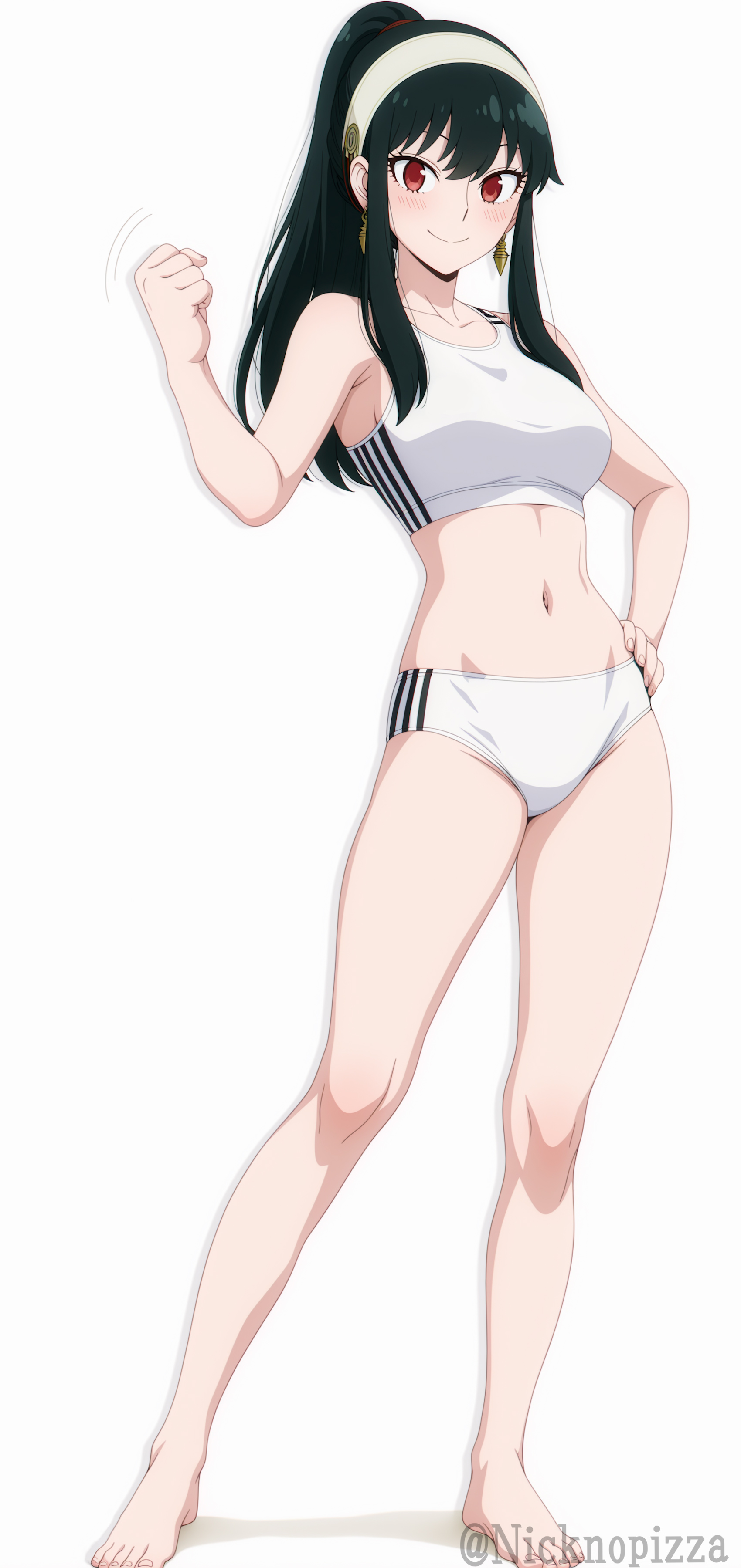 1girl, accurate art style, green hair, looking at viewer, nicknopizza, ponytail, red eyes, smile, solo, spy x family, swimsuit, yor briar