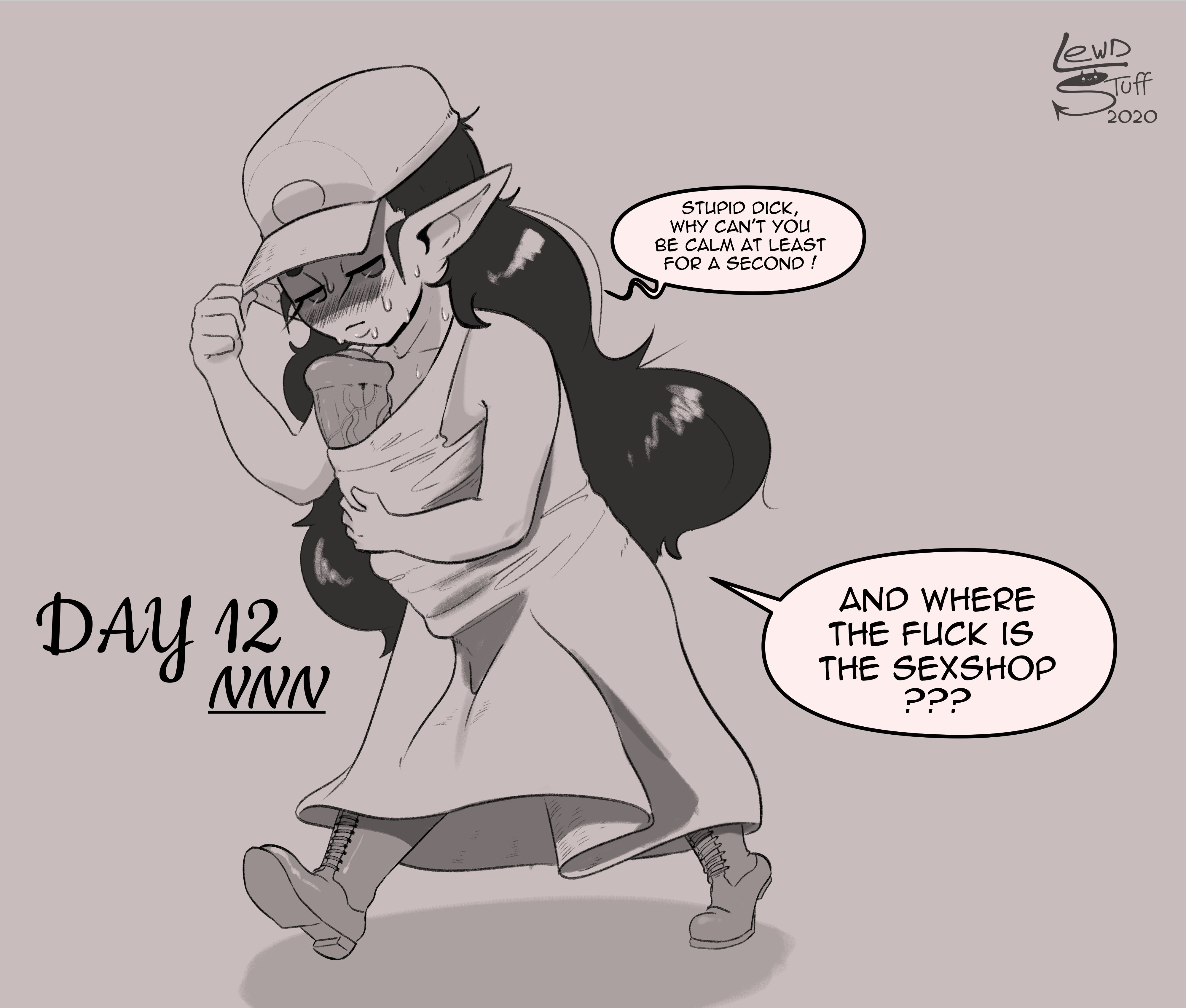 1futa, animal genitalia, animal genitalia on humanoid, animal penis, balls, balls bulge, balls under clothes, blush, bottomless skirt, cameltail, clothed, clothing, demon, dialogue, dickgirl, equine penis, erection, erection under clothes, erection under skirt, futa only, futanari, hat, horns, horsecock, horsecock on humanoid, huge balls, huge cock, humanoid, hyper, hyper balls, hyper penis, intersex, lewdstuff, mary (lewdstuff), mostly clothed, no nut november, original, penis, penis bulge, penis out, penis under clothes, penis under skirt, petite, skirt, small but hung, solo, solo futa, succubus, tenting, text, twitch lines, veiny penis, walking