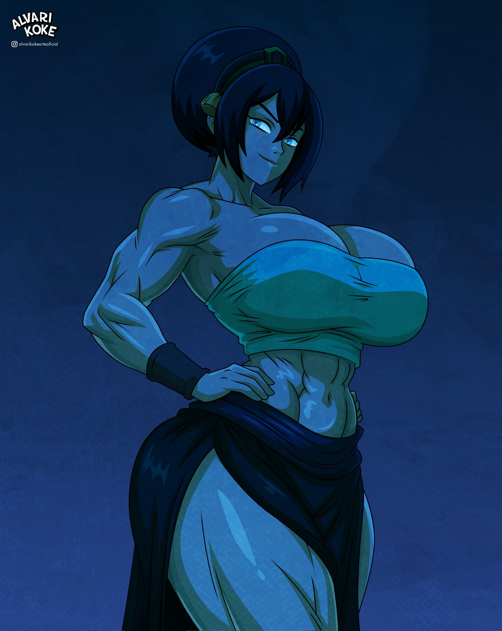 1girls, 2026, alternate version available, alvarikokearte, avatar the last airbender, big breasts, black hair, blind, blind eye, breasts, earth kingdom, female, jpeg, massive breasts, midriff, muscular, muscular arms, muscular female, nickelodeon, night, solo female, the legend of aang, thick thighs, toph bei fong