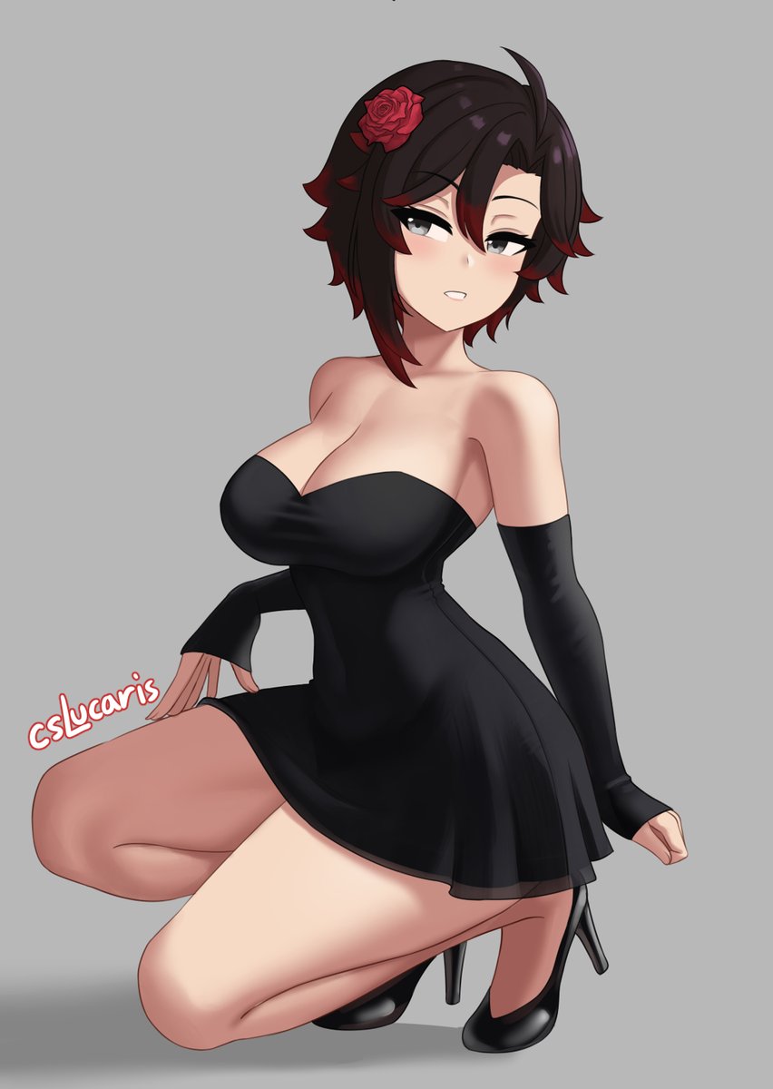 artist name, artist signature, bending down, black dress, black gloves, black hair, black heels, cslucaris, female, female only, flower in hair, grey background, grey eyes, high heels, rose (flower), ruby rose, rwby, short hair, viz media