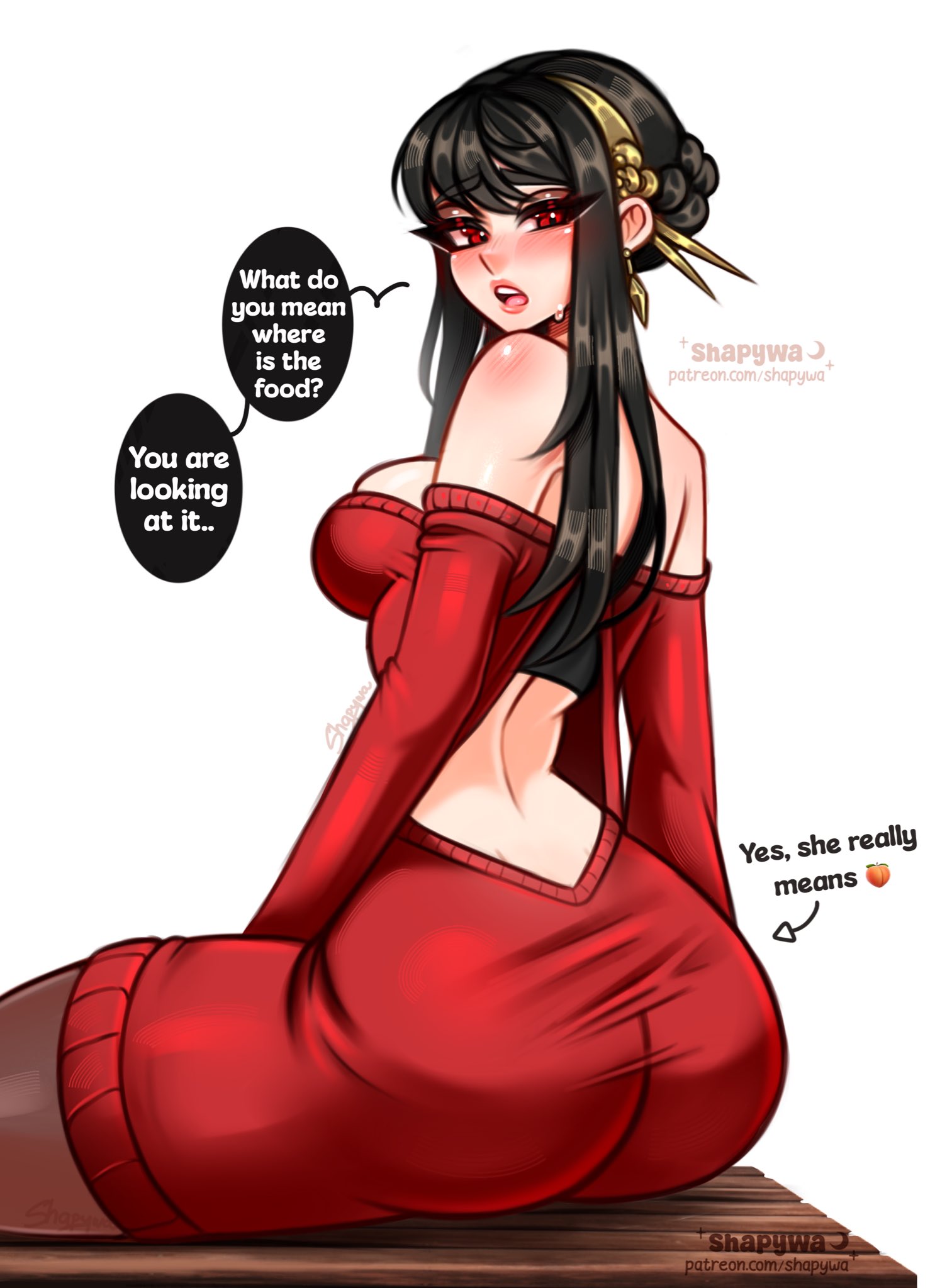 1girls, artist request, ass, bare shoulders, big ass, black hair, blush, breasts, detached sleeves, dress, english text, from behind, heart, large breasts, lipstick, long hair, looking at viewer, looking back, makeup, mole, pantyhose, red dress, red eyes, shapywa, sitting, solo, spy x family, tagme, yor briar, yor forger