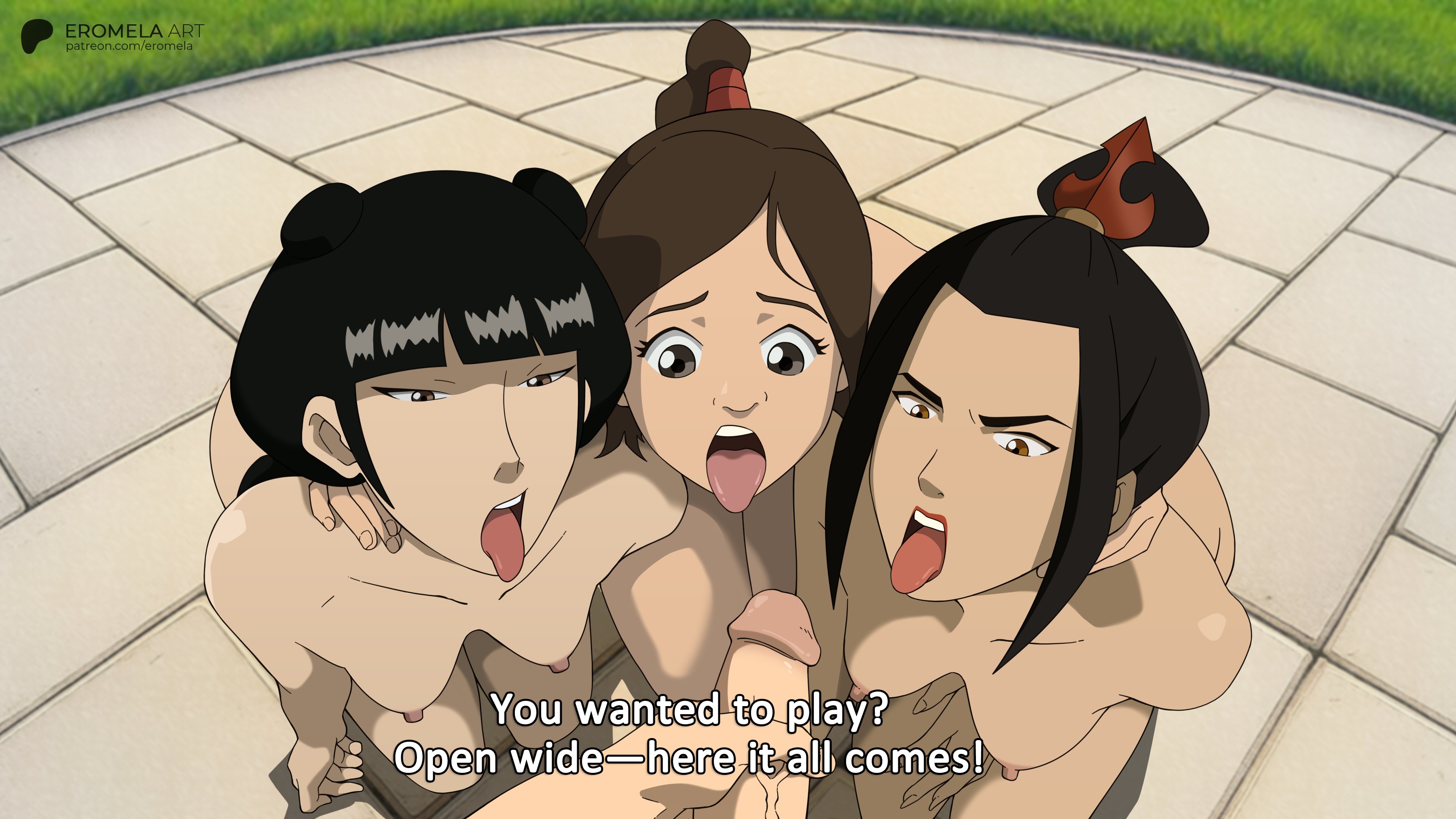 1boy, 3girls, accurate art style, avatar legends, avatar the last airbender, azula, black hair, boyfriend-girlfriend, breasts, brother and sister, brown hair, completely nude, cum announcement, cum target, dirty talk, erection, eromelaart, female, fffm foursome, foursome, friends, imminent cumshot, imminent facial, imminent orgasm, incest, jerking off, jerkoff visual assistance, kneeling, looking at penis, mai (avatar), male, masturbating, nickelodeon, nipples, nude, open mouth, penis, small breasts, stroking penis, tongue, tongue out, ty lee, waiting for cum, zuko