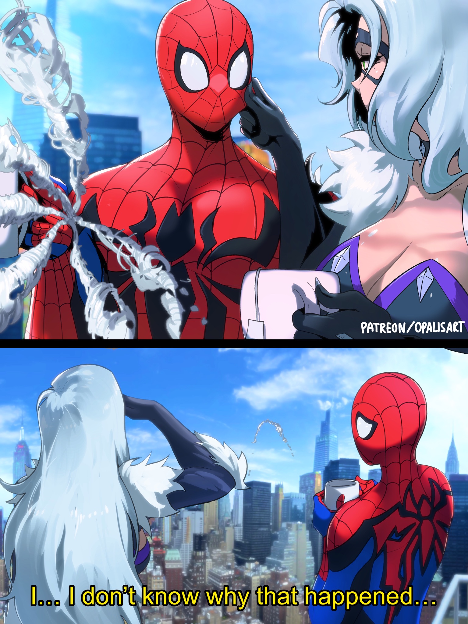 1boy, 1boy1girl, 1girl1boy, 1girls, 2026, 2d, alternate version available, big breasts, black cat (marvel rivals), black cat (marvel), bodysuit, breasts, choker, city, city background, cityscape, collar, comic, comic panel, continuation, couple, couple (romantic), couple love, couple sex, couples, curvaceous, curvaceous body, curvaceous female, curvaceous figure, curvy, curvy body, curvy female, curvy figure, dialogue, felicia hardy, female, funny, green eyes, hips, huge breasts, large breasts, light skin, light-skinned female, love, lovers, lovers moment, male, marvel, marvel comics, marvel rivals, massive breasts, netease games, opalisart, peter parker, pinching cheeks, romantic, rooftop, seductive, seductive look, skin tight, spider web, spider-man, spider-man (marvel rivals), spider-man (series), superhero, superhero couple, superheroine, tea, tea cup, text, thick, thick breasts, thick hips, thick thighs, tight clothes, tight clothing, voluptuous, voluptuous female, web, white fur, white hair, wholesome, wholesome end, wide hips