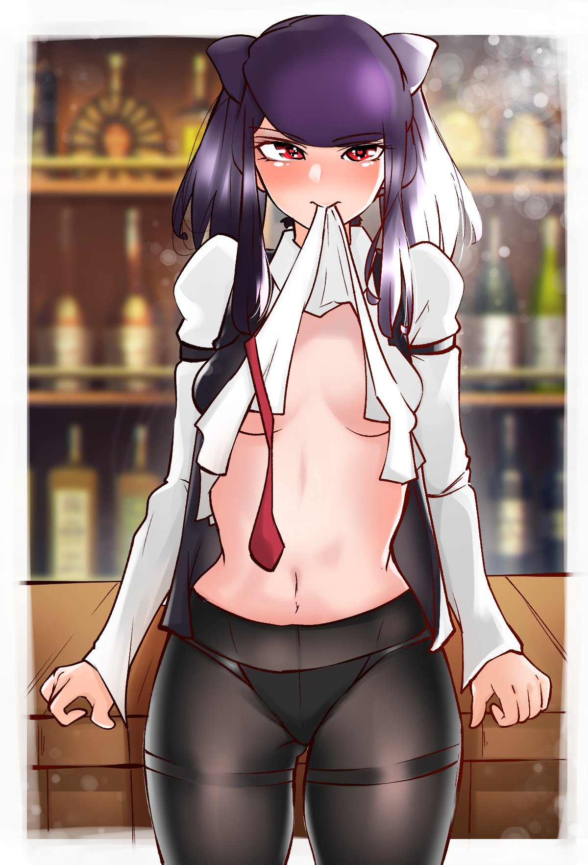1girls, blush, breasts, female, julianne stingray, necktie, open shirt, panties, purple hair, shirt in mouth, shizuka ameno, sideboob, solo, standing, va-11 hall-a