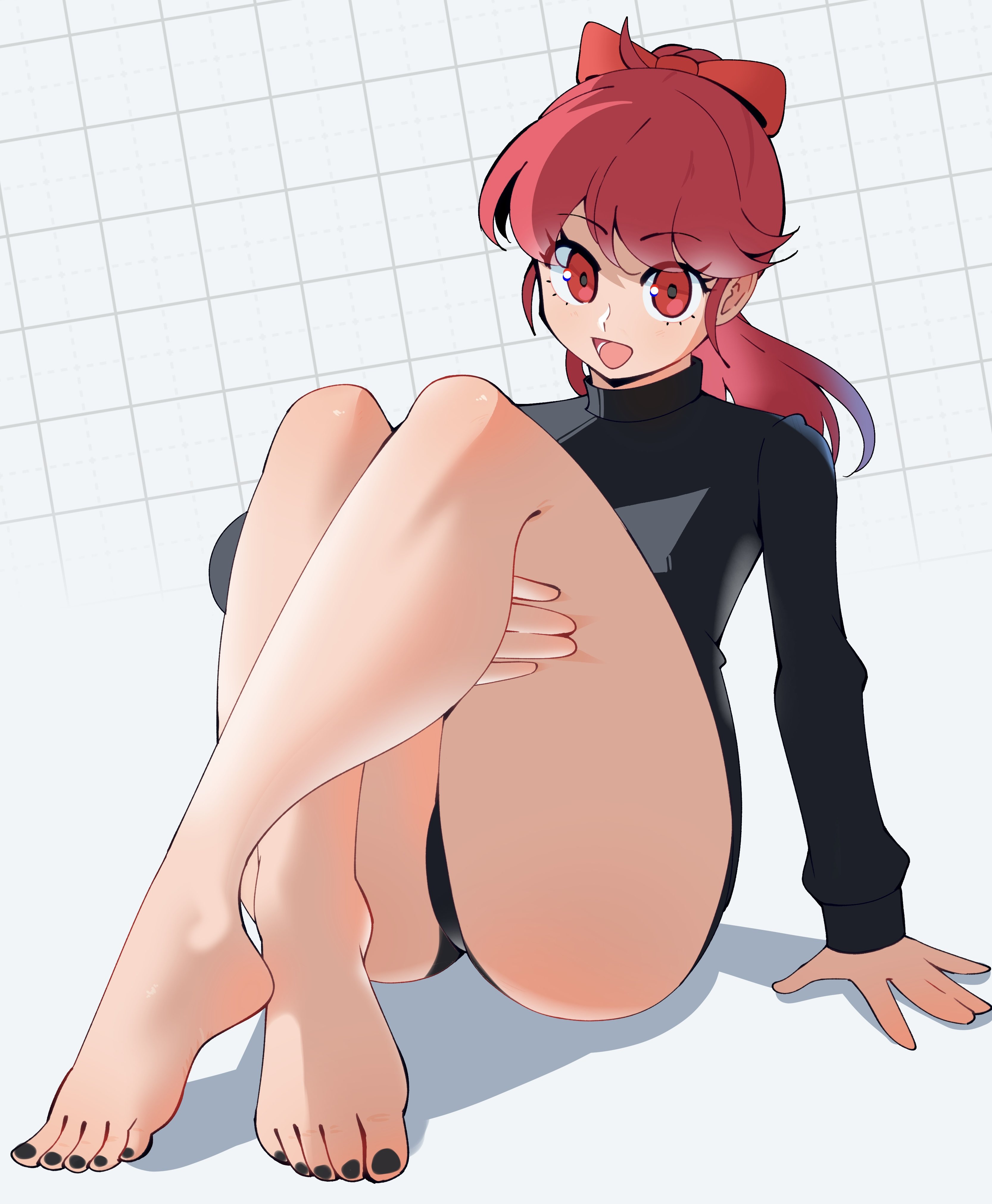 :d, 1girl, absurdres, ass, bare legs, barefoot, black leotard, black nails, black toenails, bow, commentary, crossed ankles, english commentary, eyelashes, feet, full body, gjh 1, grid background, hair bow, highres, kasumi yoshizawa, knees up, legs, leotard, long sleeves, nail polish, open mouth, persona, persona 5, ponytail, red bow, red eyes, red hair, shadow, sitting, smile, solo, sumire yoshizawa, thick thighs, thighs, toenail polish, toenails, toes