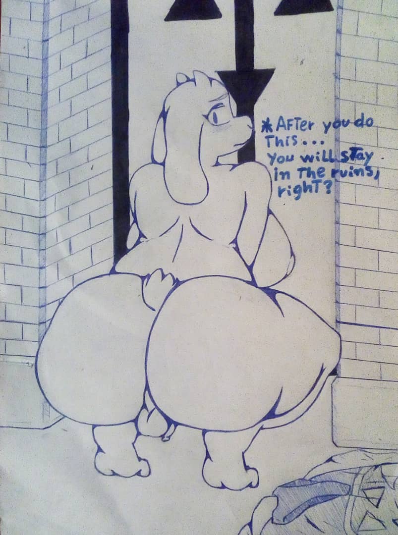 1boy, 1futa, anthro, ass, ass bigger than head, balls, big ass, blush, breasts, clothes removed, dickgirl, flaccid, foreskin, furry, futa sans pussy, futanari, goat, huge ass, imminent sex, intersex, looking back, male, male on futa, nude, penis, small penis, squatting, tail, thick thighs, toriel, uncircumcised, uncut, undertale, undressing
