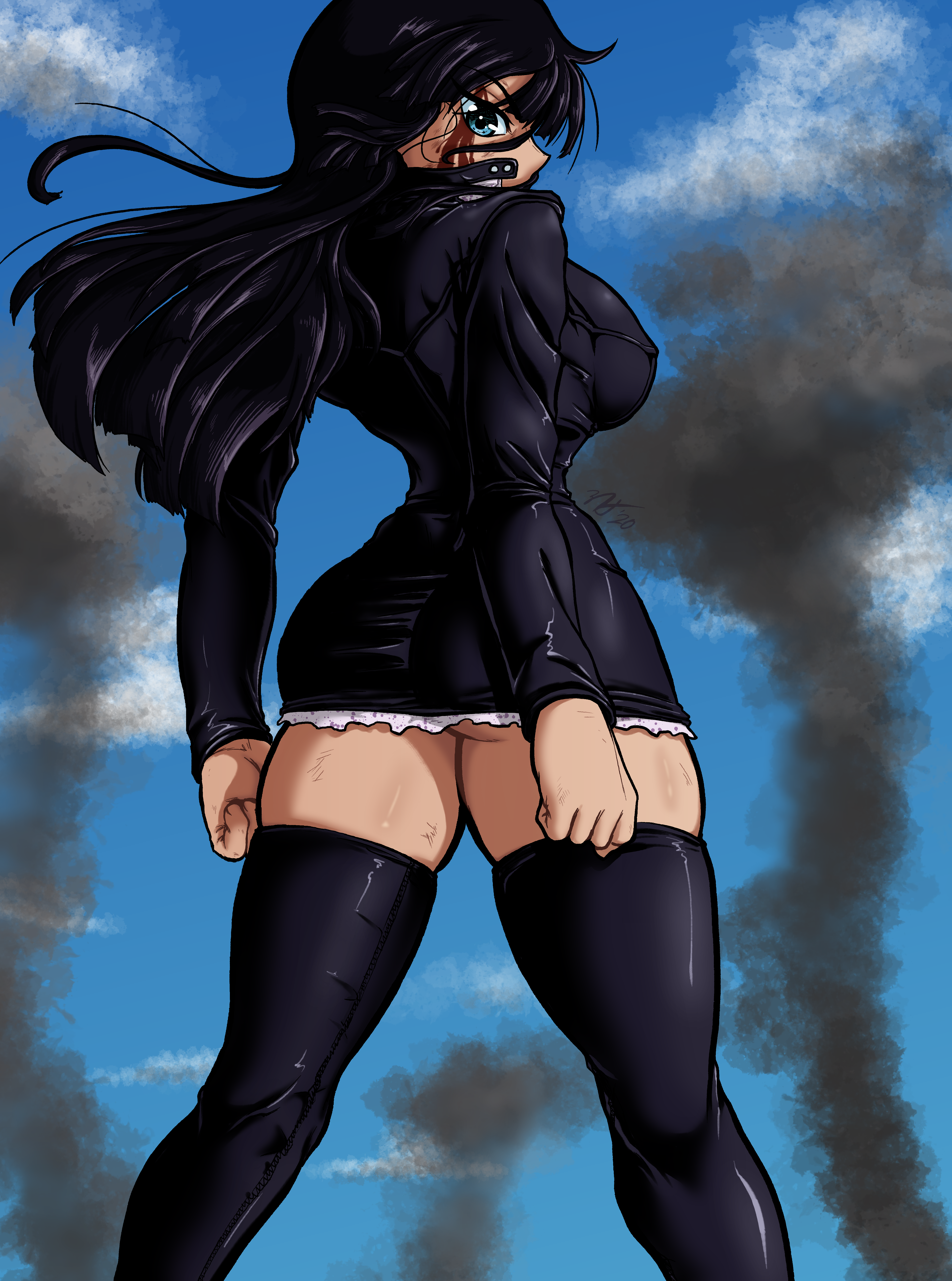 1girls, ass, back view, black clothing, black dress, dress, enies lobby, female, female only, leather minidress, long hair, looking at viewer, looking back, lordguyis, minidress, nico robin, one piece, pre-timeskip, solo, thick thighs, thighhighs, thighs, tight clothing, tight dress, viewed from below, water 7