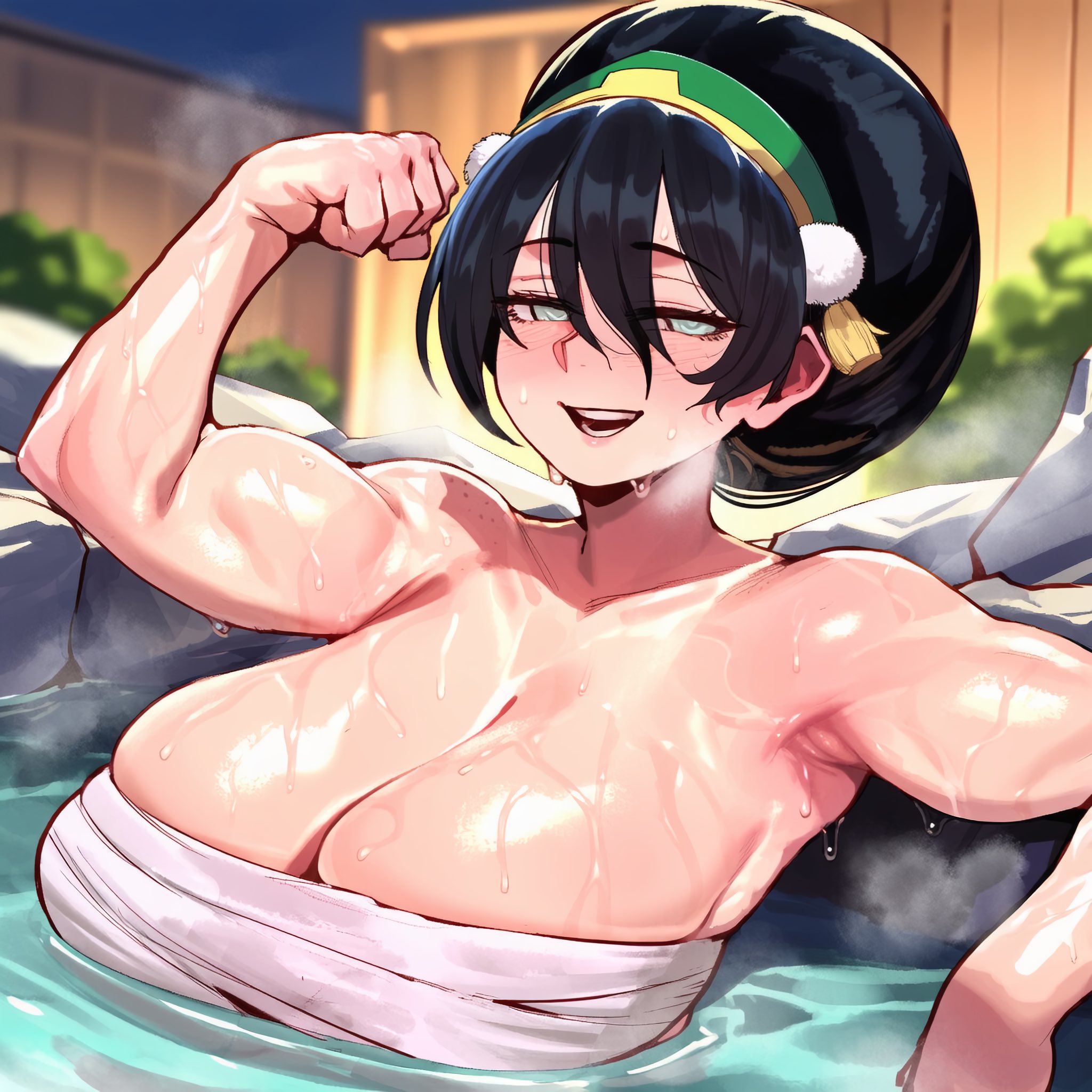 1girl, 1girls, ai, ai art, ai generated, armpits, arms up, athletic, athletic female, avatar the last airbender, bandage, bandage on breasts, bandaged chest, bare arms, bare midriff, bare shoulders, beautiful, beautiful body, beauty, big breasts, black hair, blind, blind female, blurry background, breasts, breath, breath cloud, breathing, breathing heavily, covered nipples, curvaceous, curvaceous body, curvaceous female, curvaceous figure, curves, curvy, curvy body, curvy female, curvy figure, curvy hips, detailed background, enormous breasts, female, female focus, female only, fit, fit female, flex, flexing, flexing arms, genlation, gigantic breasts, girl, glossy, glossy body, glossy skin, hair, hair between eyes, hair ornament, hair up, hot, hot spring, hourglass figure, huge breasts, large breast, large breasts, light skin, light-skinned female, looking at viewer, midriff, muscular, muscular arms, muscular female, nickelodeon, nicktoons, partially clothed, partially clothed female, partially nude, pose, posing, posing for the viewer, relax, relaxation, relaxed, relaxed expression, relaxing, resting, resting arm, sexy, sexy body, shiny body, shiny breasts, shiny skin, short hair, smile, smiling, smiling at viewer, solo, solo female, solo focus, steam, steaming, steaming body, steamy, steamy armpits, steamy breasts, steamy breath, sweat, sweatdrop, sweating, sweaty, sweaty armpits, sweaty body, sweaty breasts, the legend of aang, thermal waters, thick thighs, thighs, tomboy, toned, toned female, toph bei fong, uncensored, upper body, upper body focus, upper body front view, upper body only, visible breath, water
