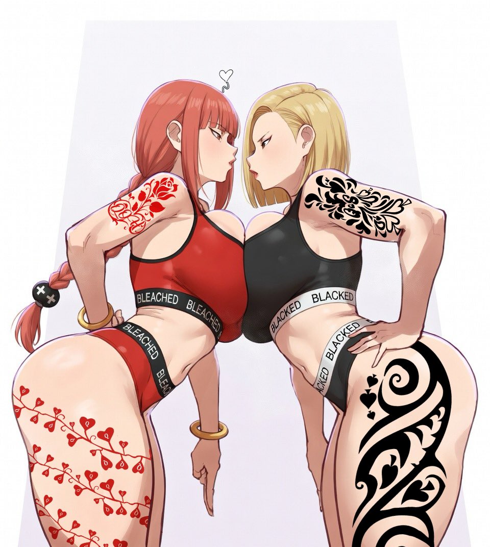 ai generated, android 18, blacked, blacked clothing, bleached, bleached clothing, blonde hair, blue eyes, chainsaw man, competition, cuckold, dragon ball super, dragon ball z, makima (chainsaw man), netorare, ntr, red hair, staredown, tattoo