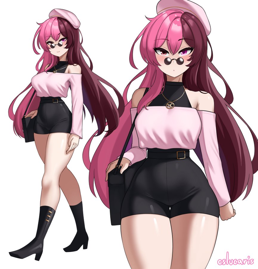 1girls, artist name, artist signature, black bag, black boots, black jacket, blouse, brown hair, cslucaris, female, female only, glasses, gothic, handbag, heeled boots, heterochromia, high collar, jewelry, long hair, necklace, neo (rwby), pink hair, rwby, small glasses, solo female, split-color hair, tight clothing, viz media, white background