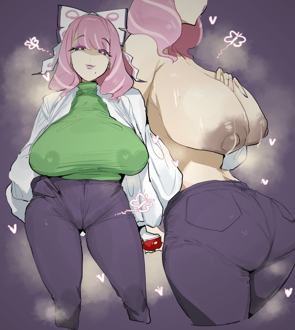 1girls, big boobs, big breasts, big tits, boobs, breasts, eyebrows visible through hair, female, klara (pokemon), leebongchun, nipples, no bra, pink hair, pink hair female, pink lips, pink lipstick, pokeball, pokemon, pokemon ss, simple background, tits, white pupils, woman
