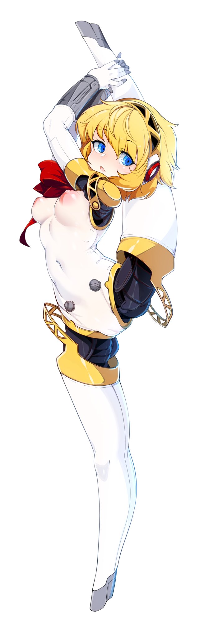 1girls aegis_(persona) aigis_(persona) android atlus blonde_hair breasts clothing exposed_torso female flexible leg_lift lifting_leg machine mostly_nude persona persona_3 short_hair slugbox solo stretching vagina