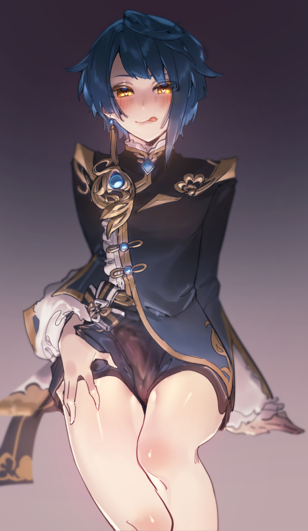 1boy, androgynous, bottomless, bulge, clothed, clothing, erection under clothes, femboy, fully clothed, genshin impact, girly, licking lips, light skin, light-skinned male, looking at viewer, male, male only, mirin chikuwa, pale skin, sitting, solo, tongue, tongue out, trap, xingqiu (genshin impact)