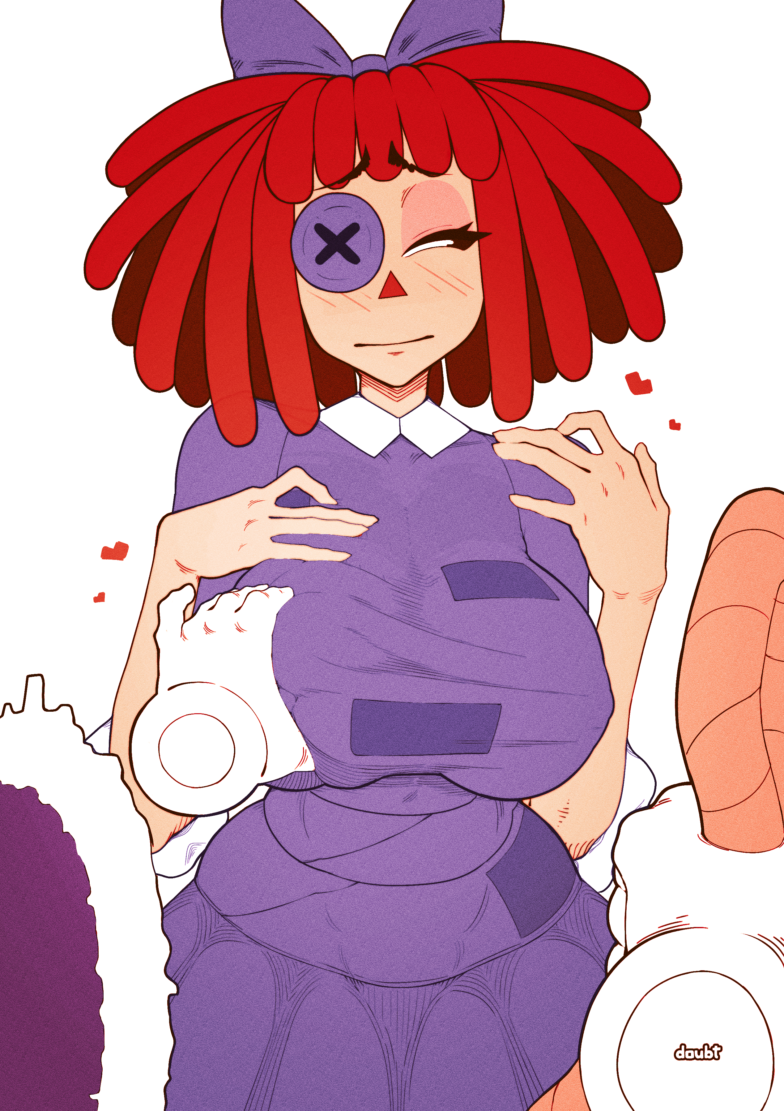 1girls, 1girls1boy, ashamed, bangs, big breasts, big hips, big titties, black eyes, blush, breast grab, clothed, curvy, doll, doll girl, doubt (thedo ubt), dress, dressed, ecchi, female focus, floating hands, glitch productions, gooseworx, hair bow, heart, kinger (the amazing digital circus), large breasts, looking away, oppai, ragatha (the amazing digital circus), red hair, short hair, simple background, straight, the amazing digital circus, white background