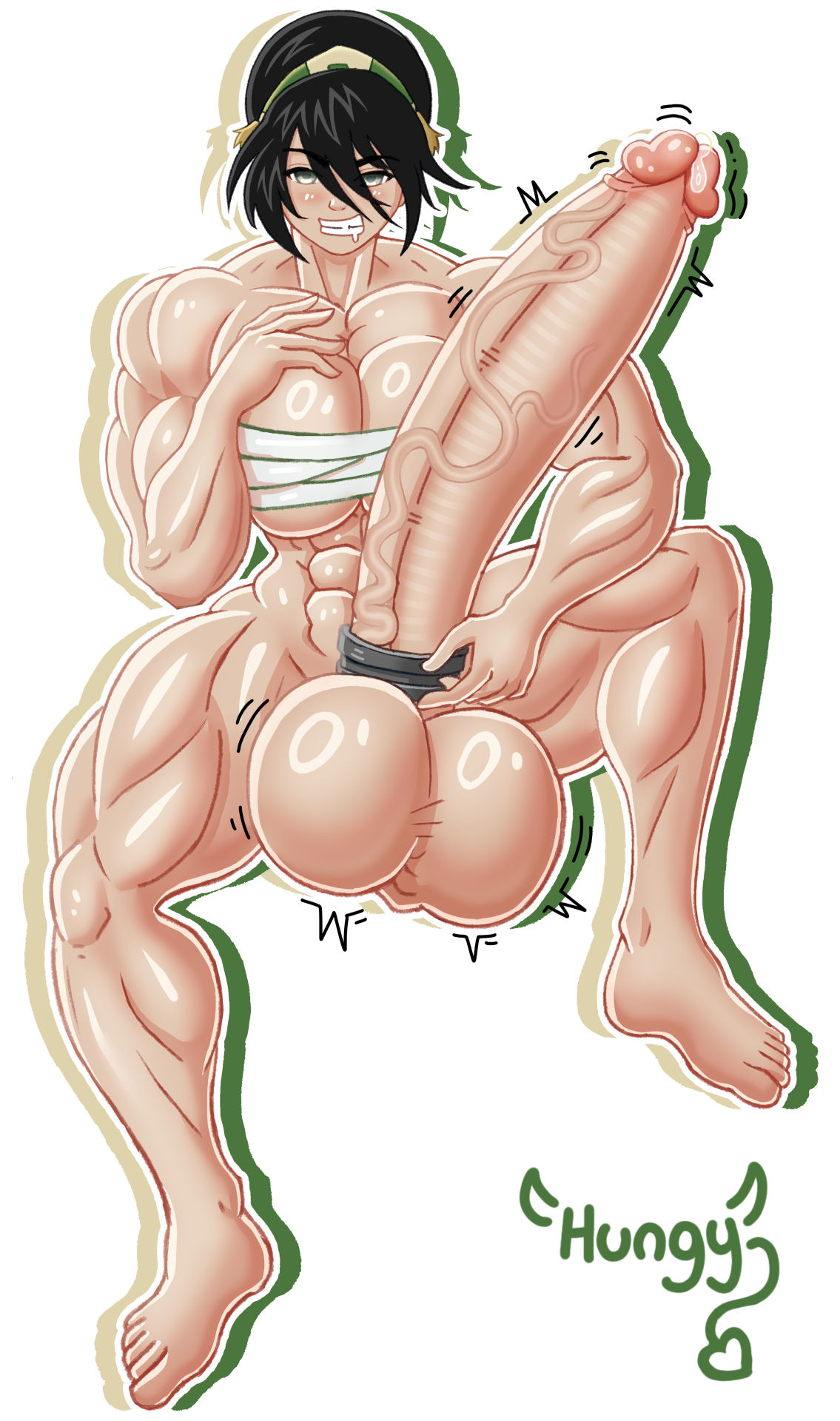 1futa, abs, avatar the last airbender, bandaged chest, black hair, blind, breasts, cock ring, futa only, futanari, gray eyes, huge balls, huge cock, hungy, hyper penis, light-skinned futa, muscles, muscular arms, muscular futa, muscular legs, penis, solo, throbbing penis, tied hair, toph bei fong