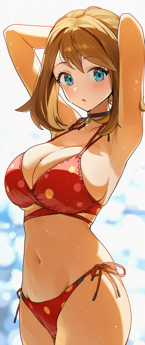 1girls, ai generated, armpits, arms behind head, beach, bikini, blue eyes, blush, breasts, brown hair, cleavage, large breasts, legs, may (pokemon), ocean, open mouth, pose, posint, sensual, sexy, sexy armpits, sexy pose, short hair, thighs, water
