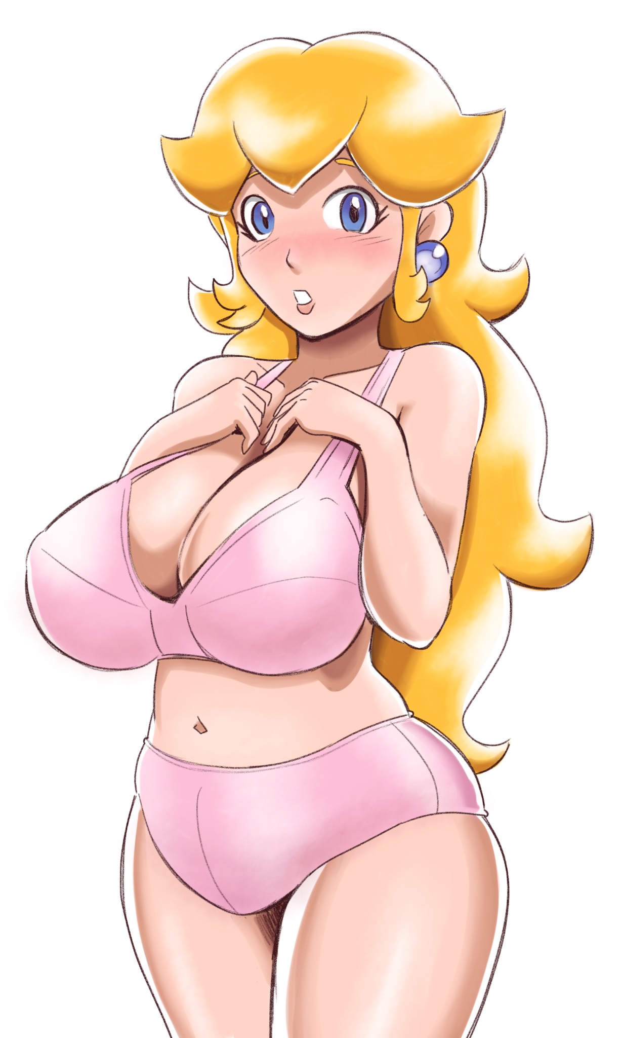 blonde hair, bra, breasts, earrings, female, hands on breasts, large breasts, looking at viewer, mario (series), nintendo, princess peach, solo, speeds, tagme, underwear