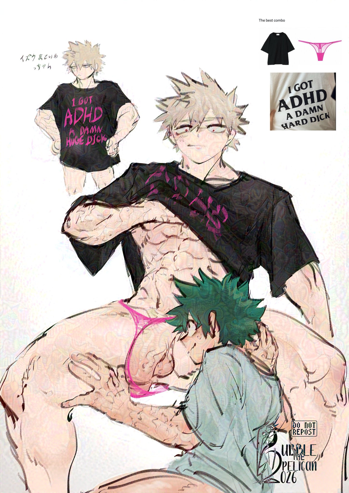 2boys, abs, bakugou katsuki, blonde hair, bubble 10119, gay, green hair, izuku midoriya, katsuki bakugou, male, male only, meme, midoriya izuku, muscular, muscular male, my hero academia, penis, spiky hair, thong