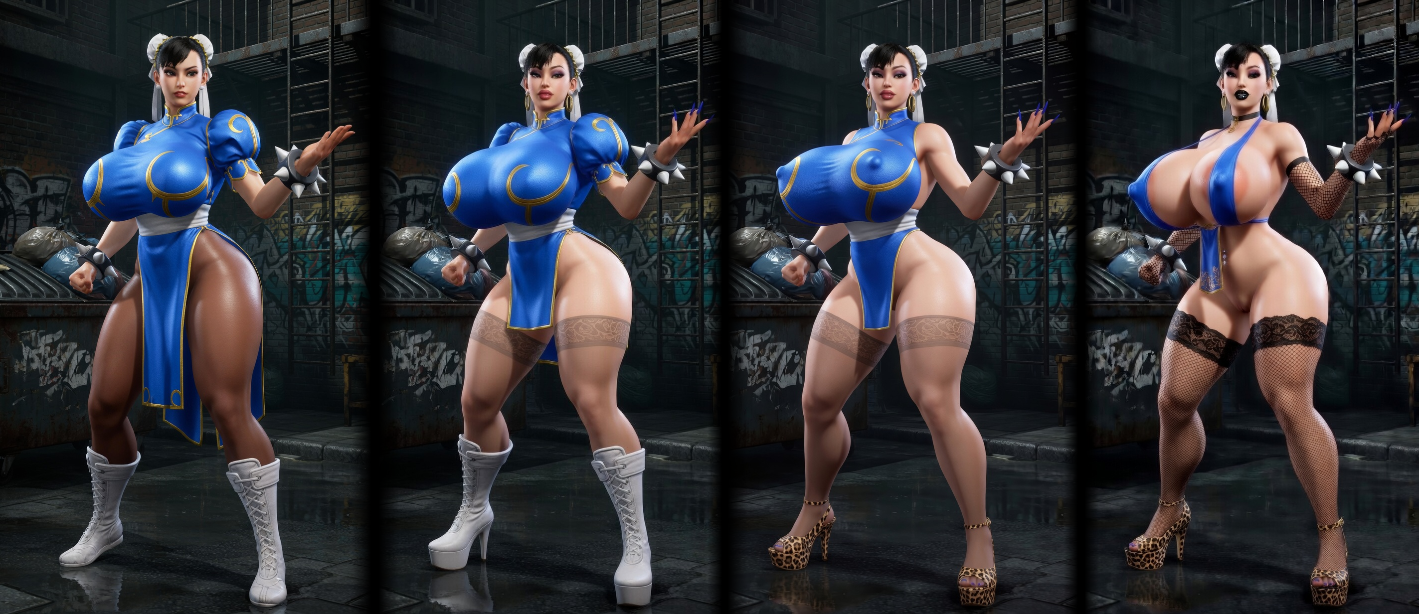 ai generated, alley, areolae, asian female, bimbo, bimbofication, black lipstick, boots, bun cover, choker, chun-li, clothing transformation, dress, earrings, erect nipples under clothes, female only, fishnet armwear, fishnet stockings, fishnets, hair bun, high heel boots, high heels, hoop earrings, huge breasts, leopard print, logan d, long fingernails, makeup, navel piercing, pussy, sash, skimpy clothes, solo female, spiked bracelet, stockings, street fighter, street fighter 6, thick lips, thick thighs, thighhighs, tights, transformation sequence