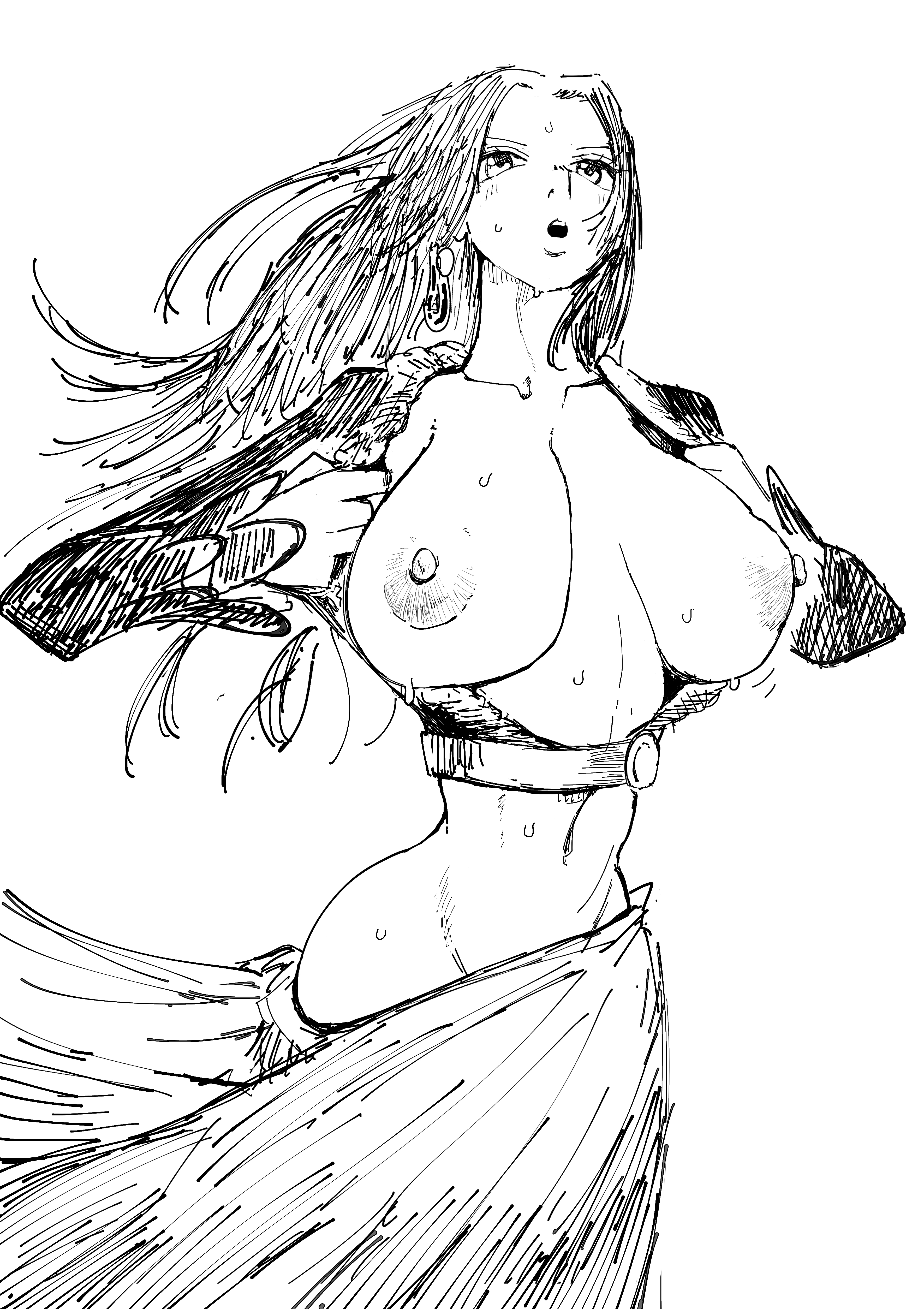 1girls, big breasts, black hair, black-haired female, boa hancock, breasts, breasts out, earrings, female, female only, flashing, light skin, light-skinned female, long hair, looking at viewer, middlefing1111, monochrome, nipples, no bra, no panties, one piece, sketch