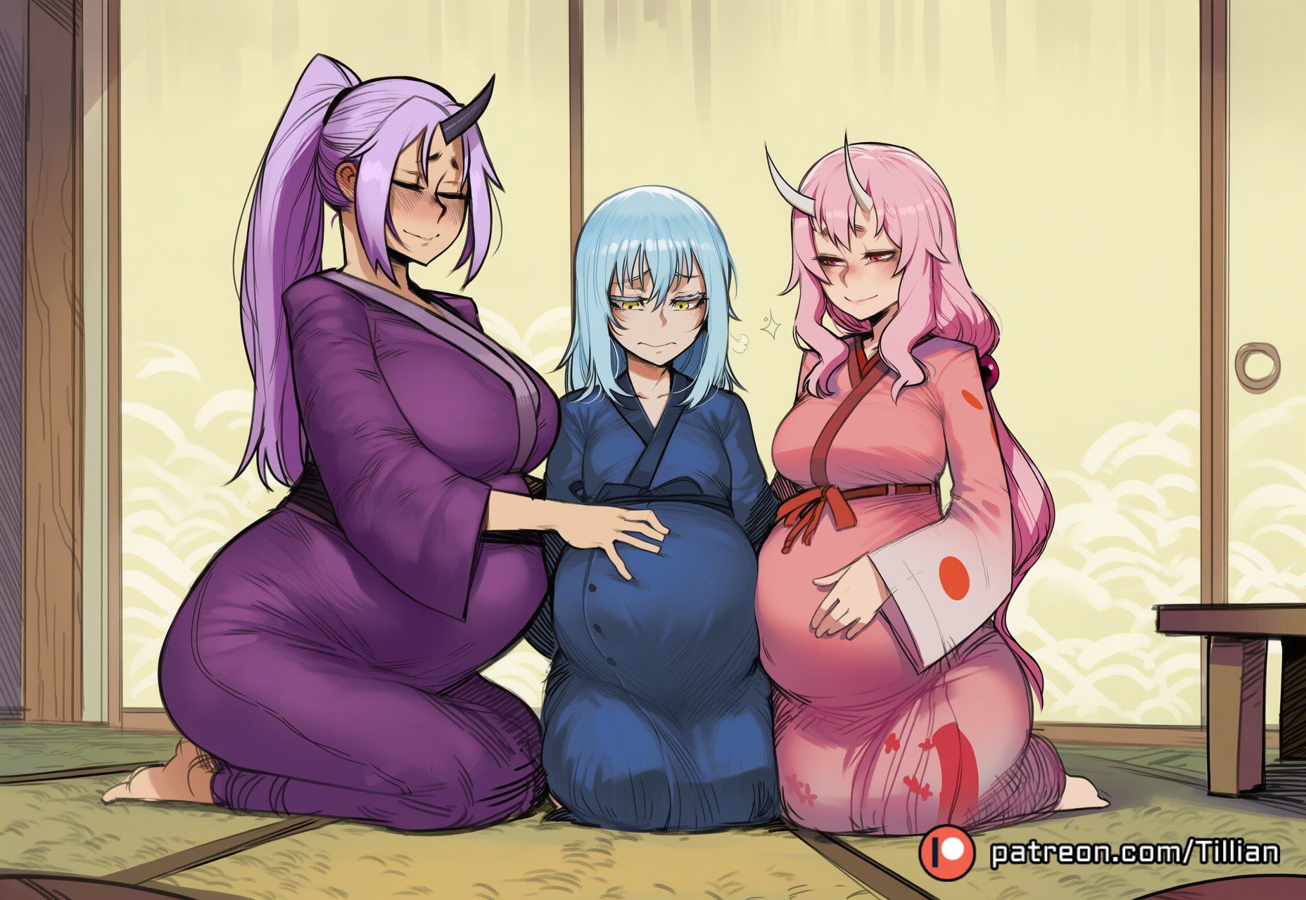 1other, ai generated, blue hair, blushshion (tensei shitara slime datta ken), breasts, hair between eyes, hands on own stomach, horns, japanese clothes, kimono, long hair, multiple girls, multiple pregnancies, oni, patreon username, pink hair, ponytail, pregnant, purple hair, rimuru tempest, smile, tatami, tensei shitara slime datta ken, that time i got reincarnated as a slime, tillian, yellow eyes